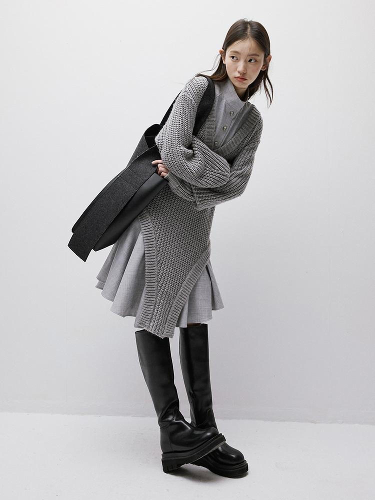 FUSSED Noise Textured V-Neck Knit Woven Asymmetrical Dress