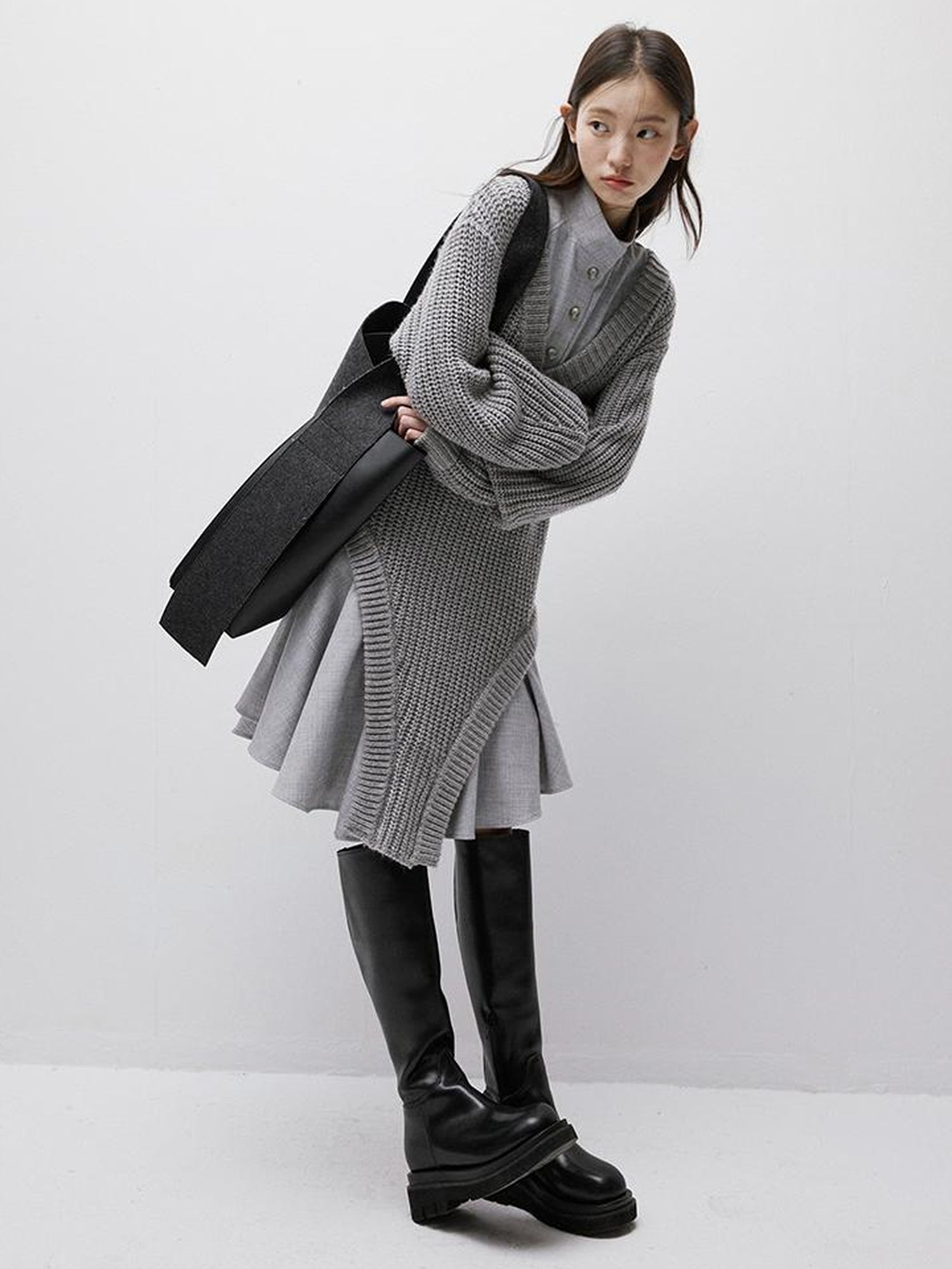 FUSSED Noise Textured V-Neck Knit Woven Asymmetrical Dress