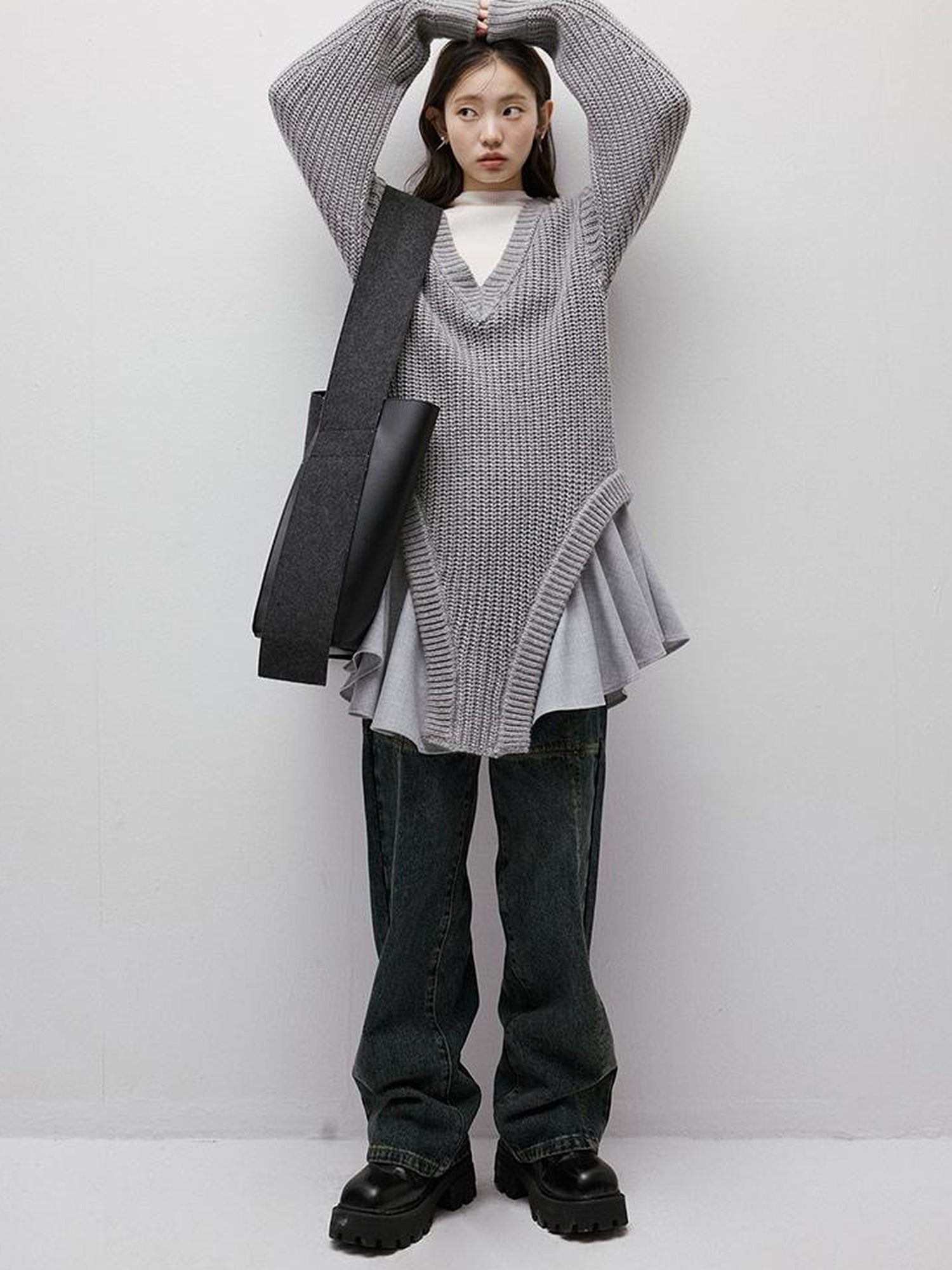 FUSSED Noise Textured V-Neck Knit Woven Asymmetrical Dress