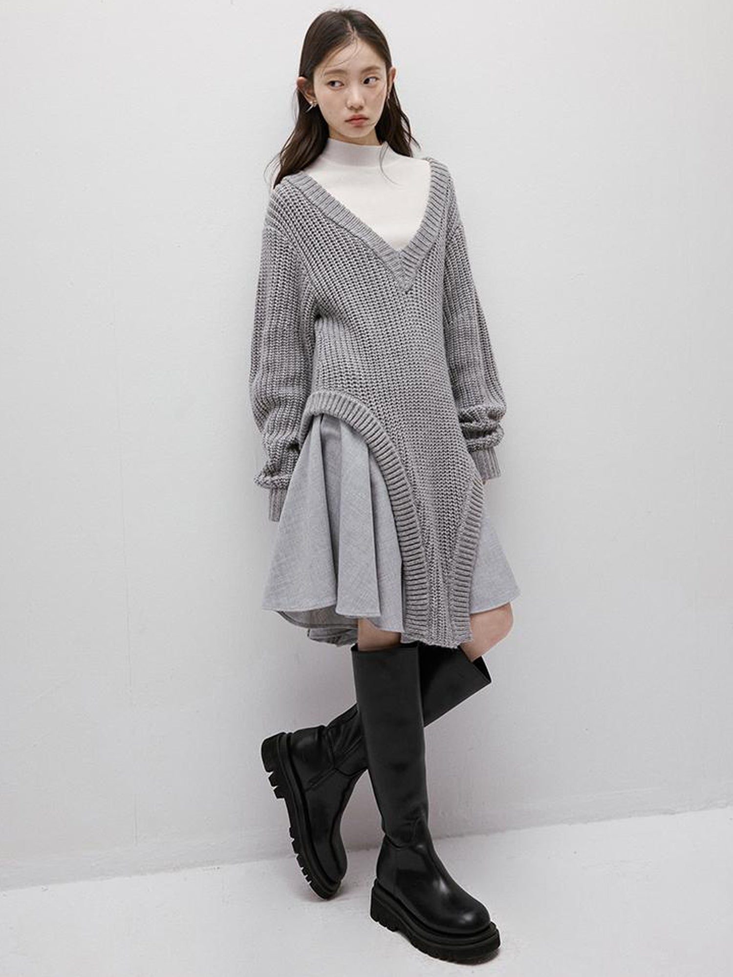 FUSSED Noise Textured V-Neck Knit Woven Asymmetrical Dress