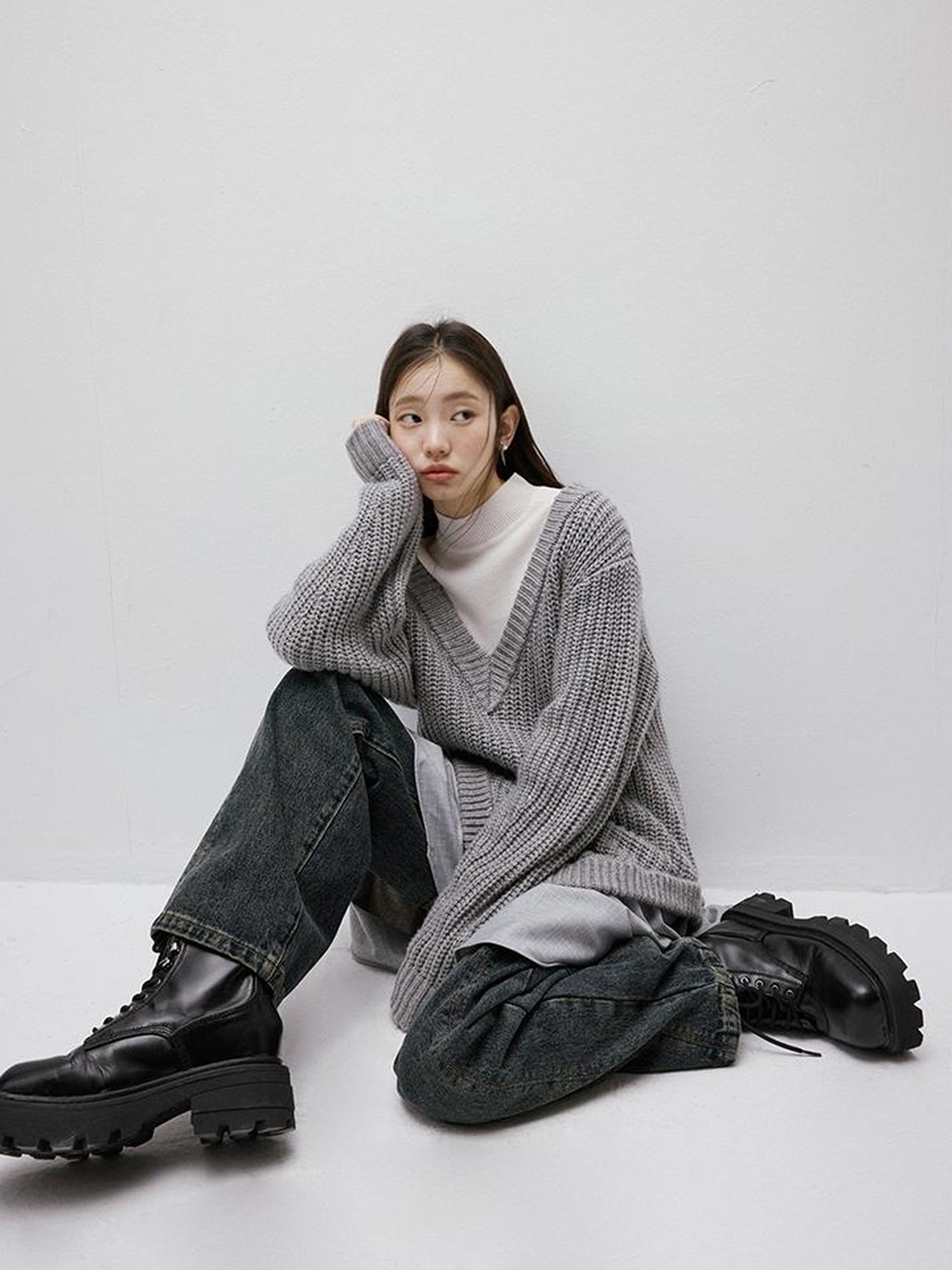 FUSSED Noise Textured V-Neck Knit Woven Asymmetrical Dress