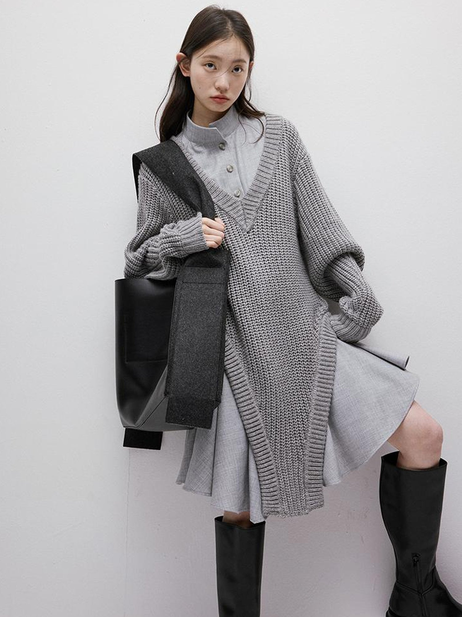 FUSSED Noise Textured V-Neck Knit Woven Asymmetrical Dress