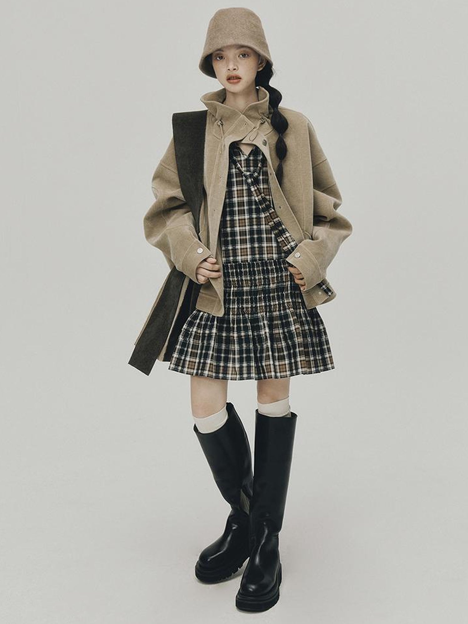 FUSSED Norwegian Forest Blue Brown Plaid Cotton Babydoll Dress