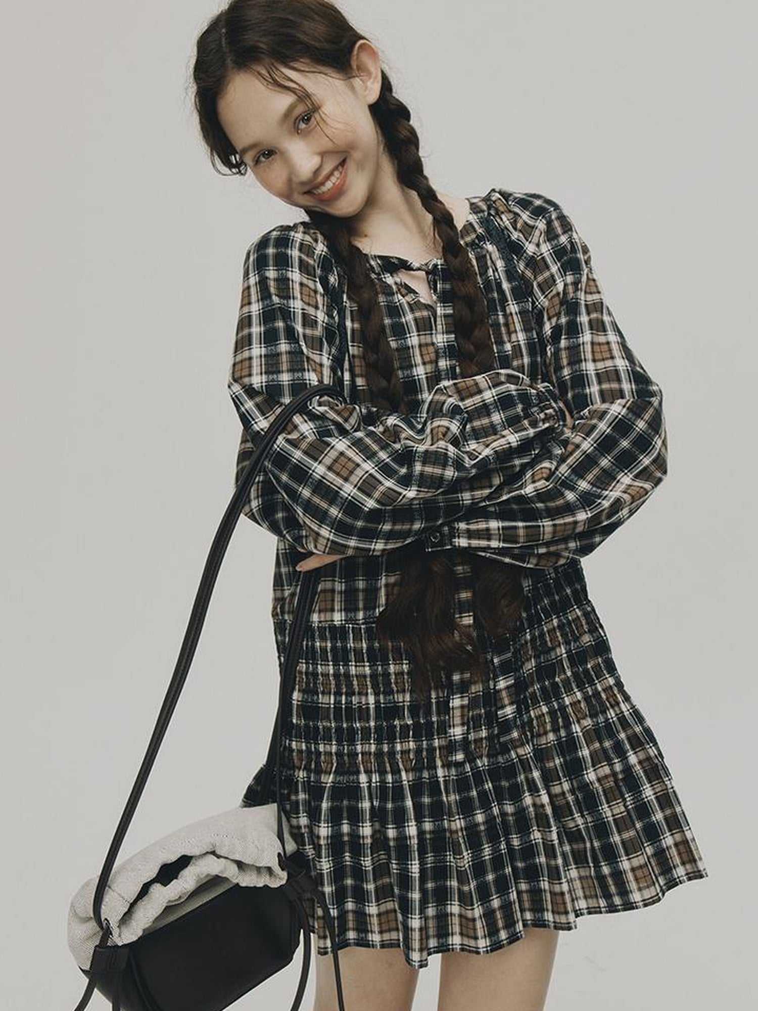FUSSED Norwegian Forest Blue Brown Plaid Cotton Babydoll Dress
