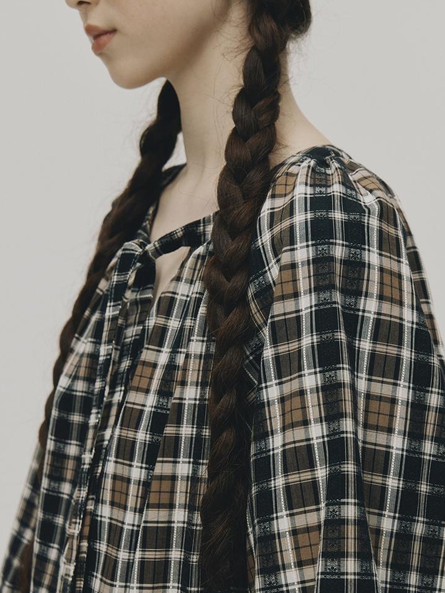 FUSSED Norwegian Forest Blue Brown Plaid Cotton Babydoll Dress