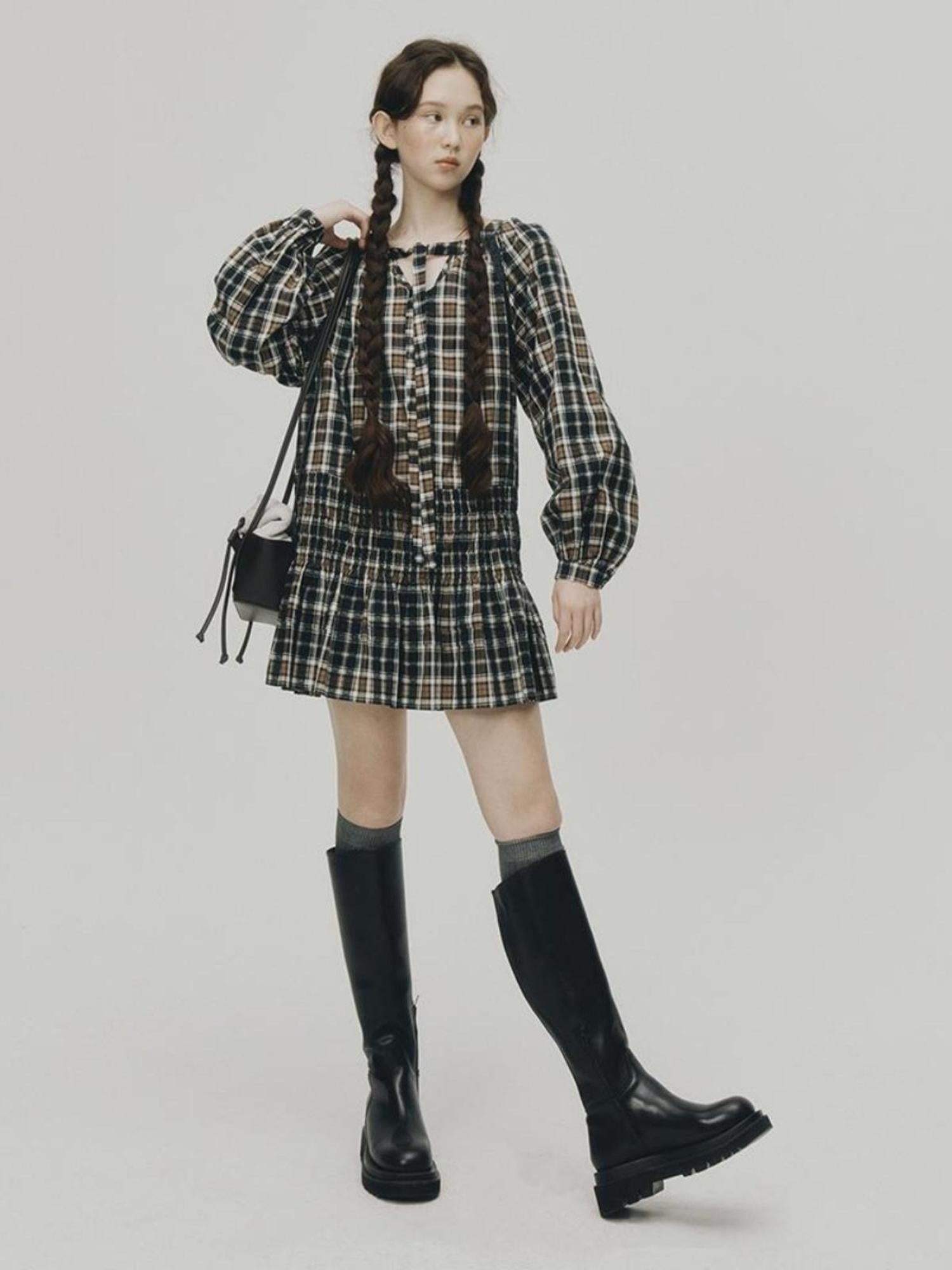FUSSED Norwegian Forest Blue Brown Plaid Cotton Babydoll Dress