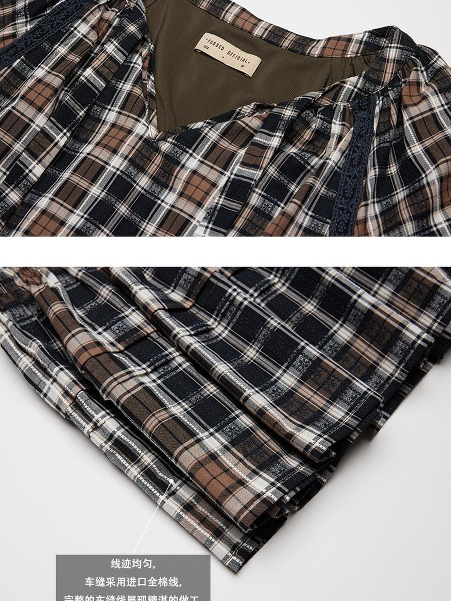 FUSSED Norwegian Forest Blue Brown Plaid Cotton Babydoll Dress