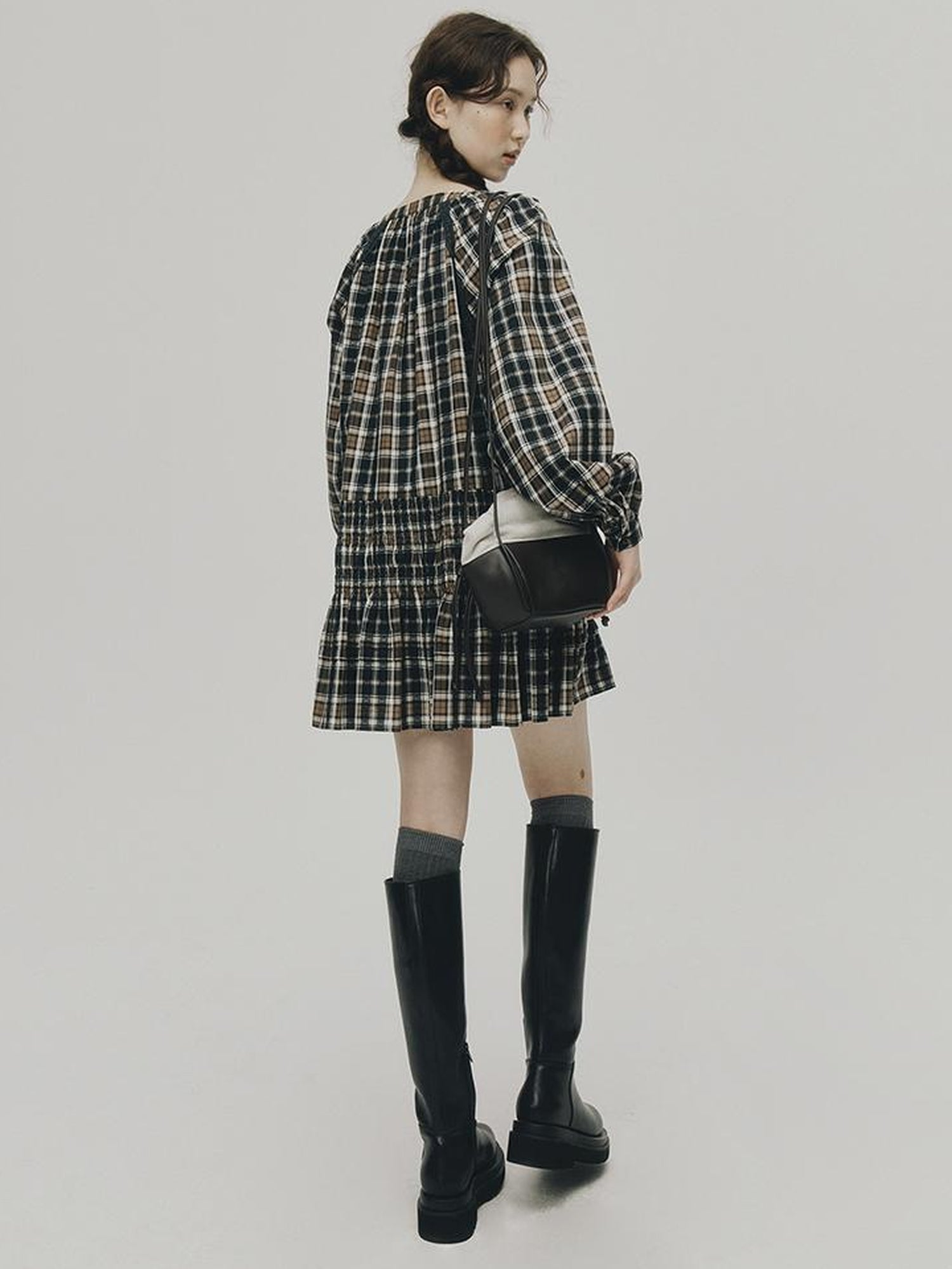 FUSSED Norwegian Forest Blue Brown Plaid Cotton Babydoll Dress