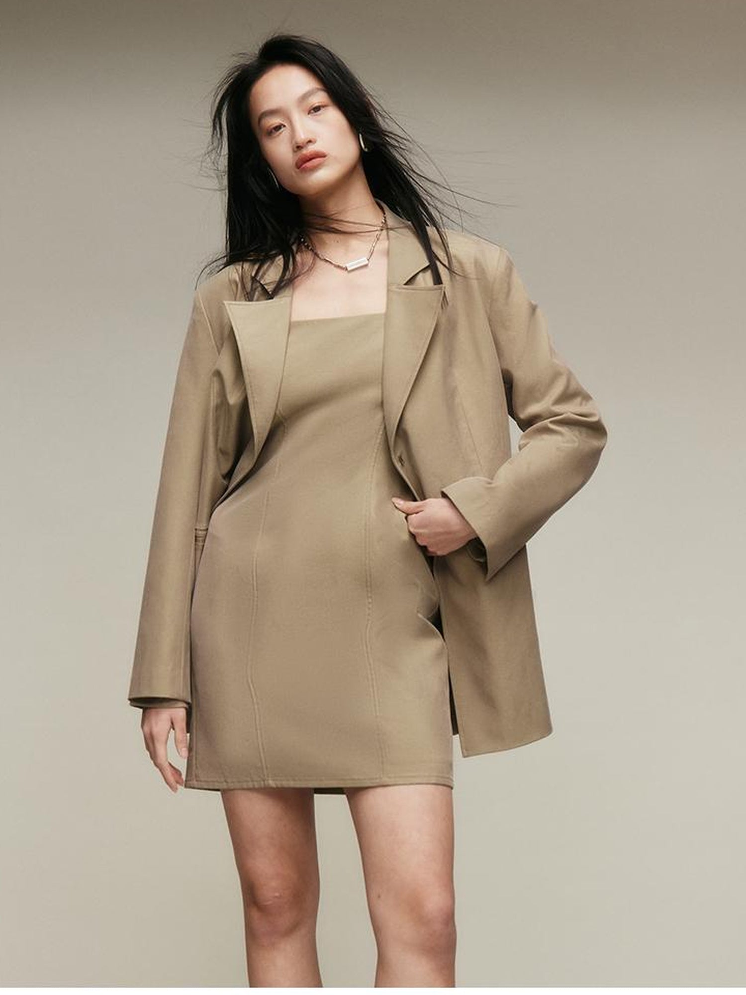 FUSSED Nude Brown Brushed Lycotton Wide Shoulder Blazer