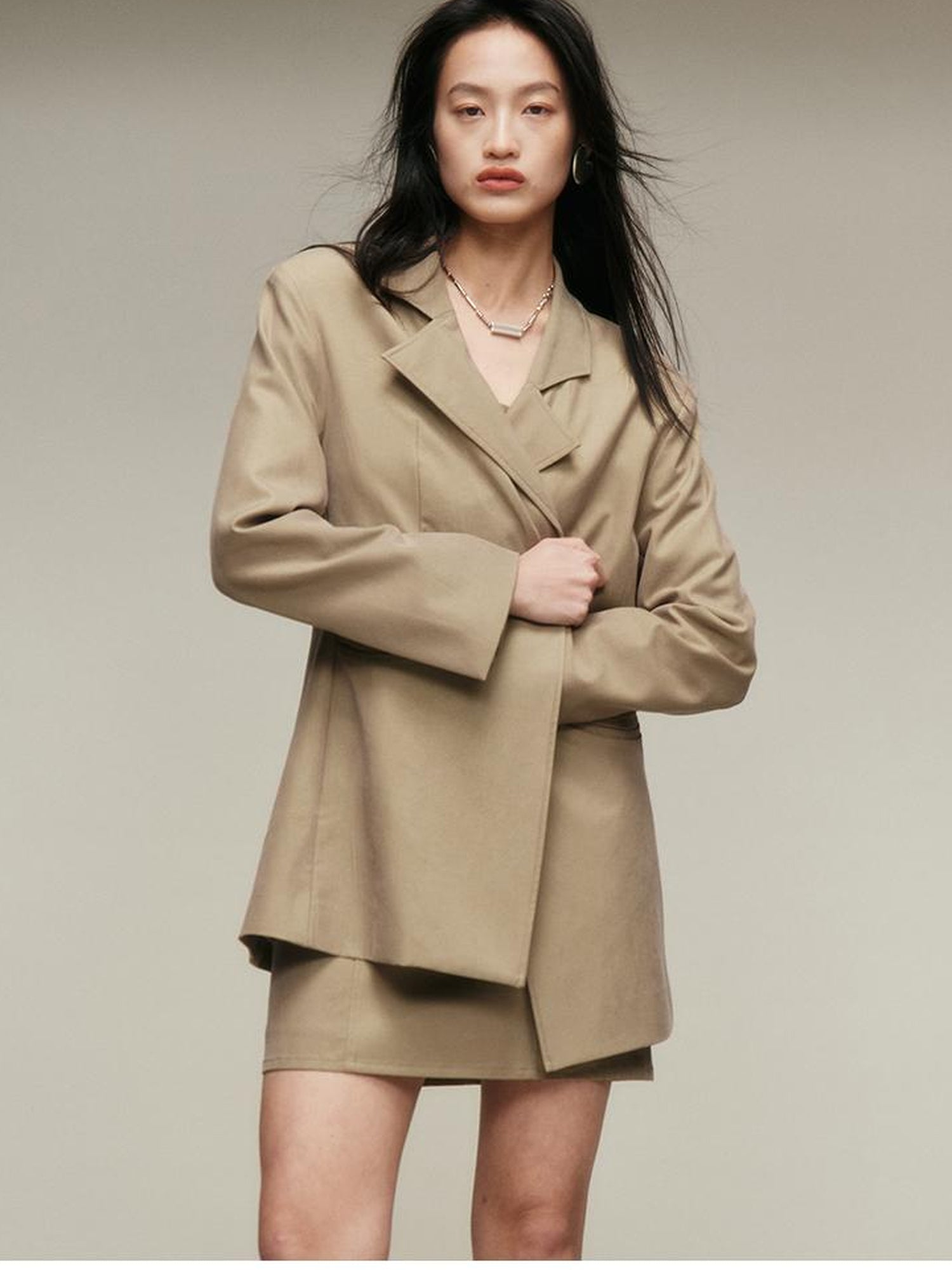 FUSSED Nude Brown Brushed Lycotton Wide Shoulder Blazer