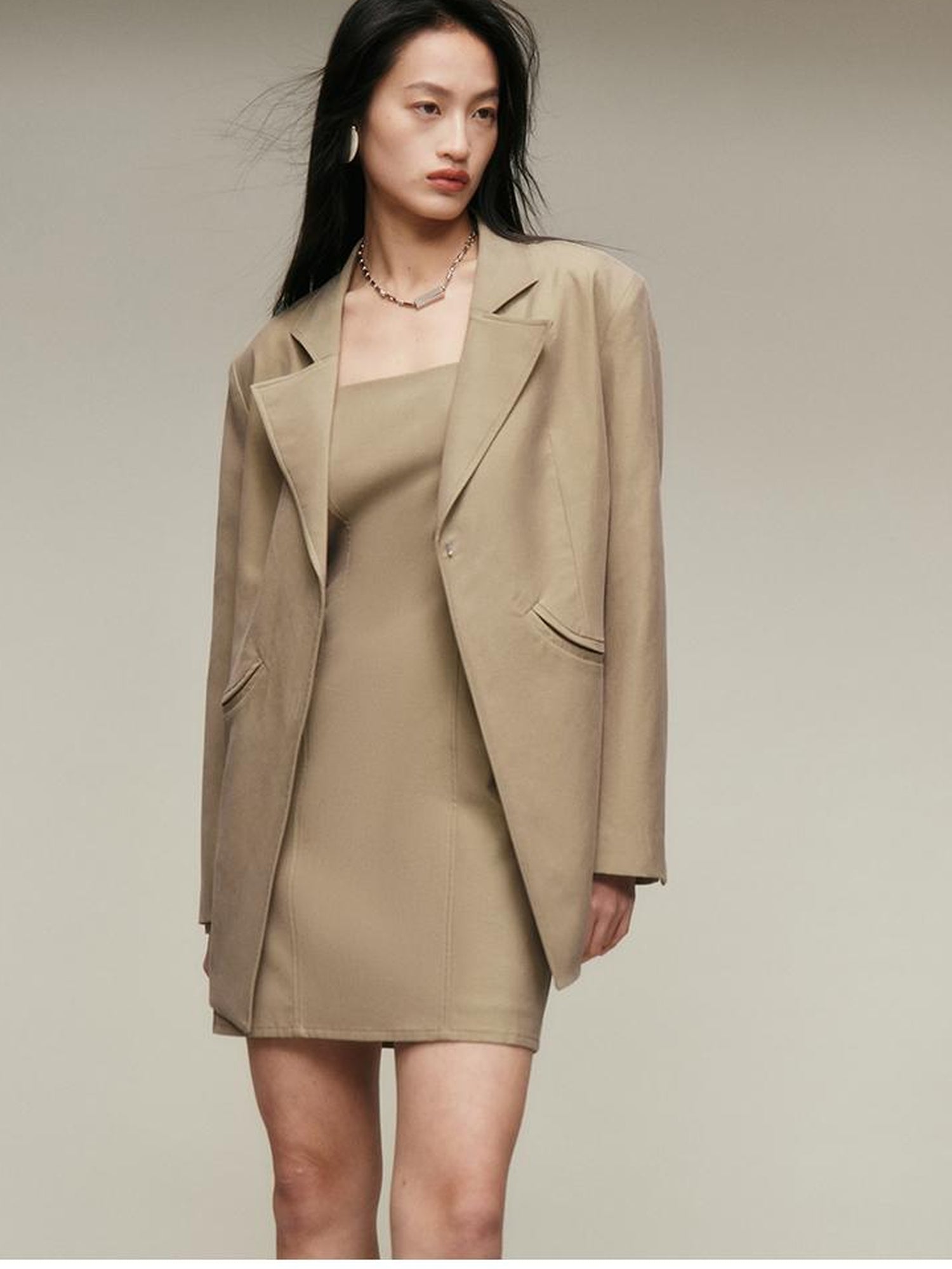 FUSSED Nude Brown Brushed Lycotton Wide Shoulder Blazer