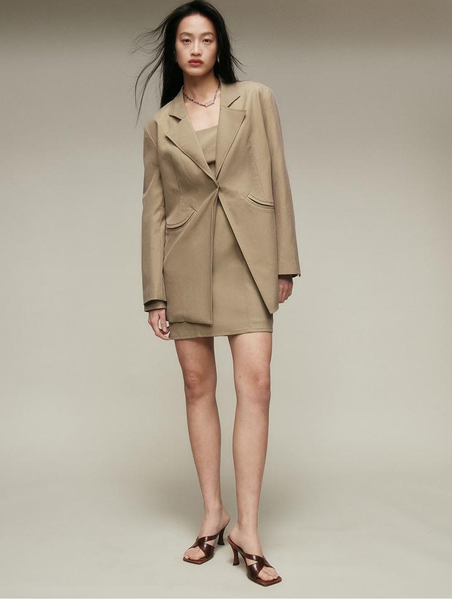 FUSSED Nude Brown Brushed Lycotton Wide Shoulder Blazer