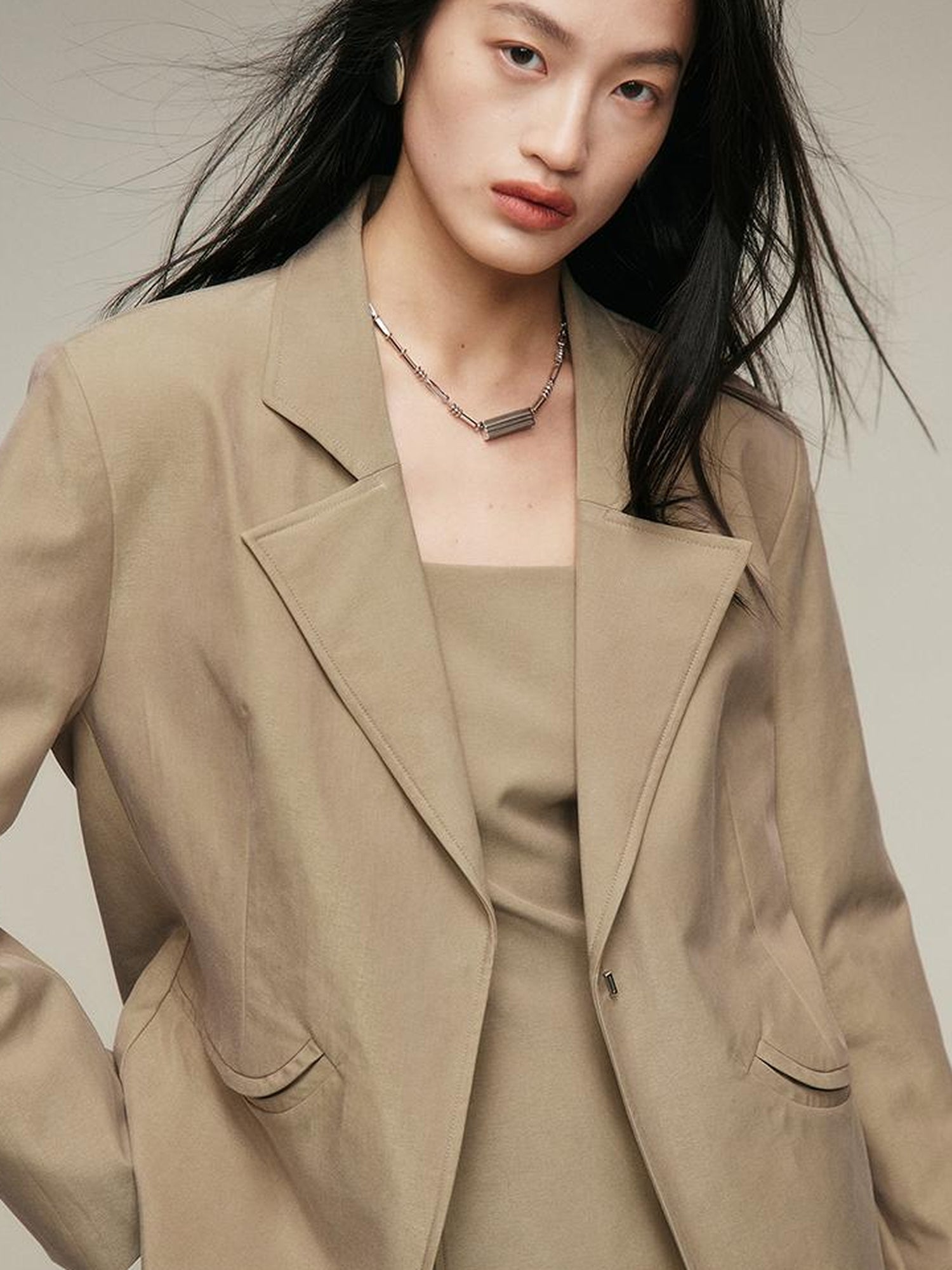 FUSSED Nude Brown Brushed Lycotton Wide Shoulder Blazer