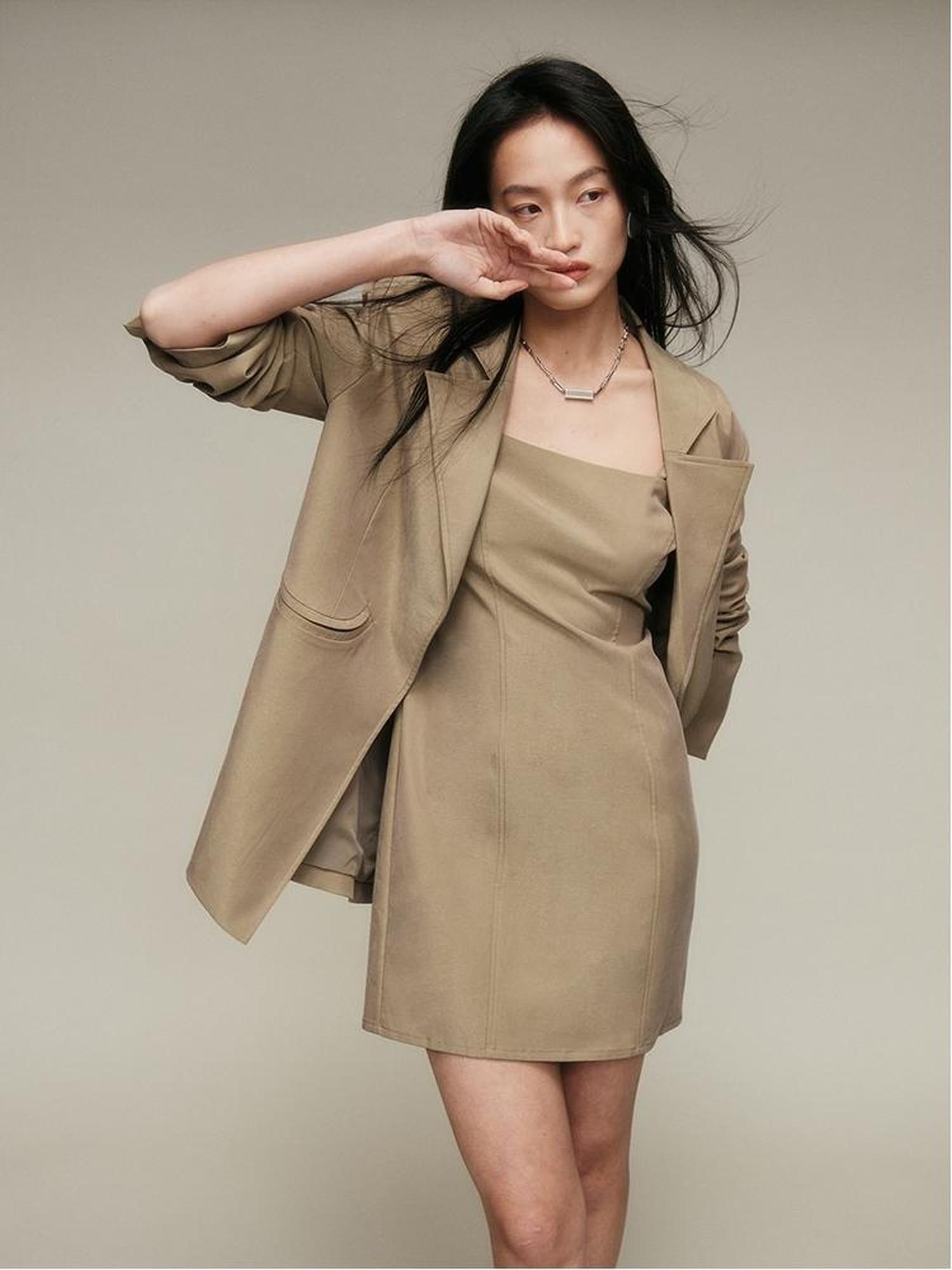 FUSSED Nude Brown Brushed Lycotton Wide Shoulder Blazer