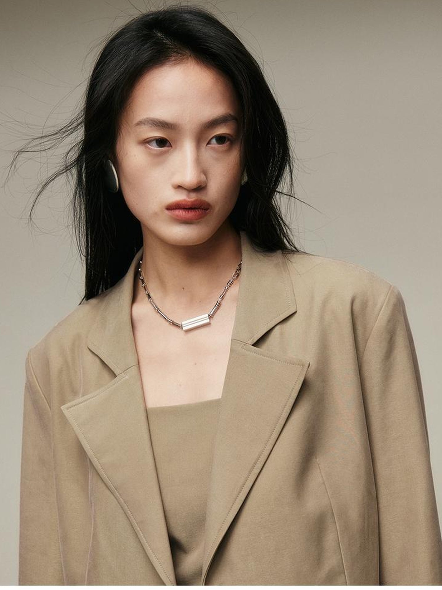 FUSSED Nude Brown Brushed Lycotton Wide Shoulder Blazer