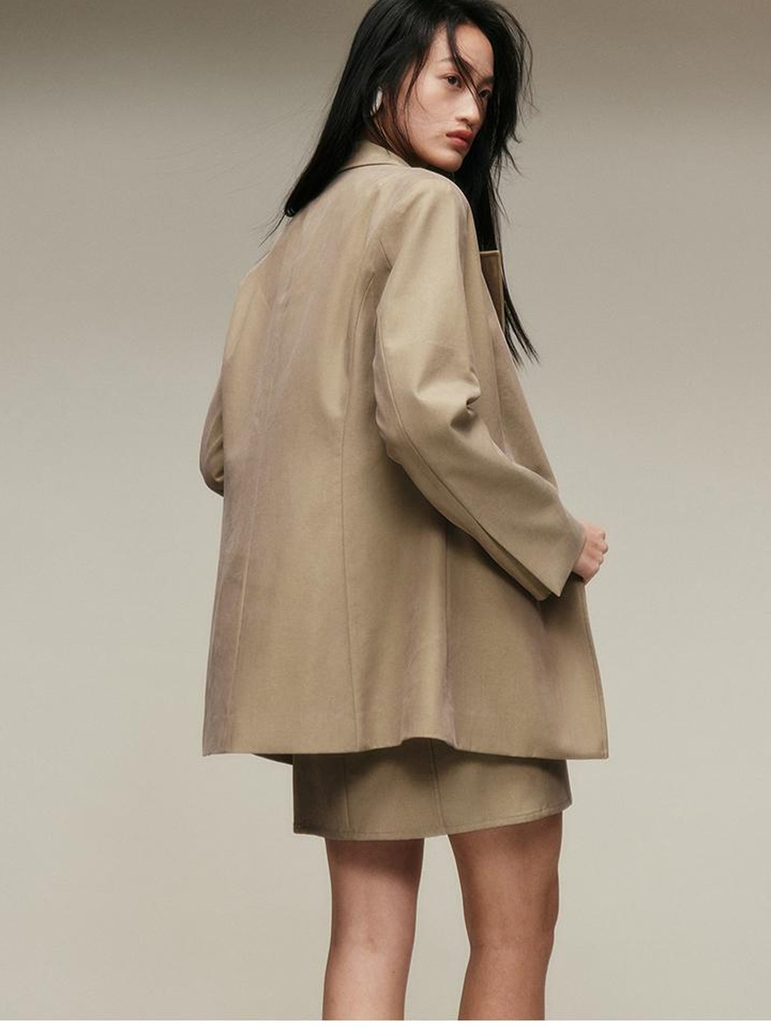 FUSSED Nude Brown Brushed Lycotton Wide Shoulder Blazer