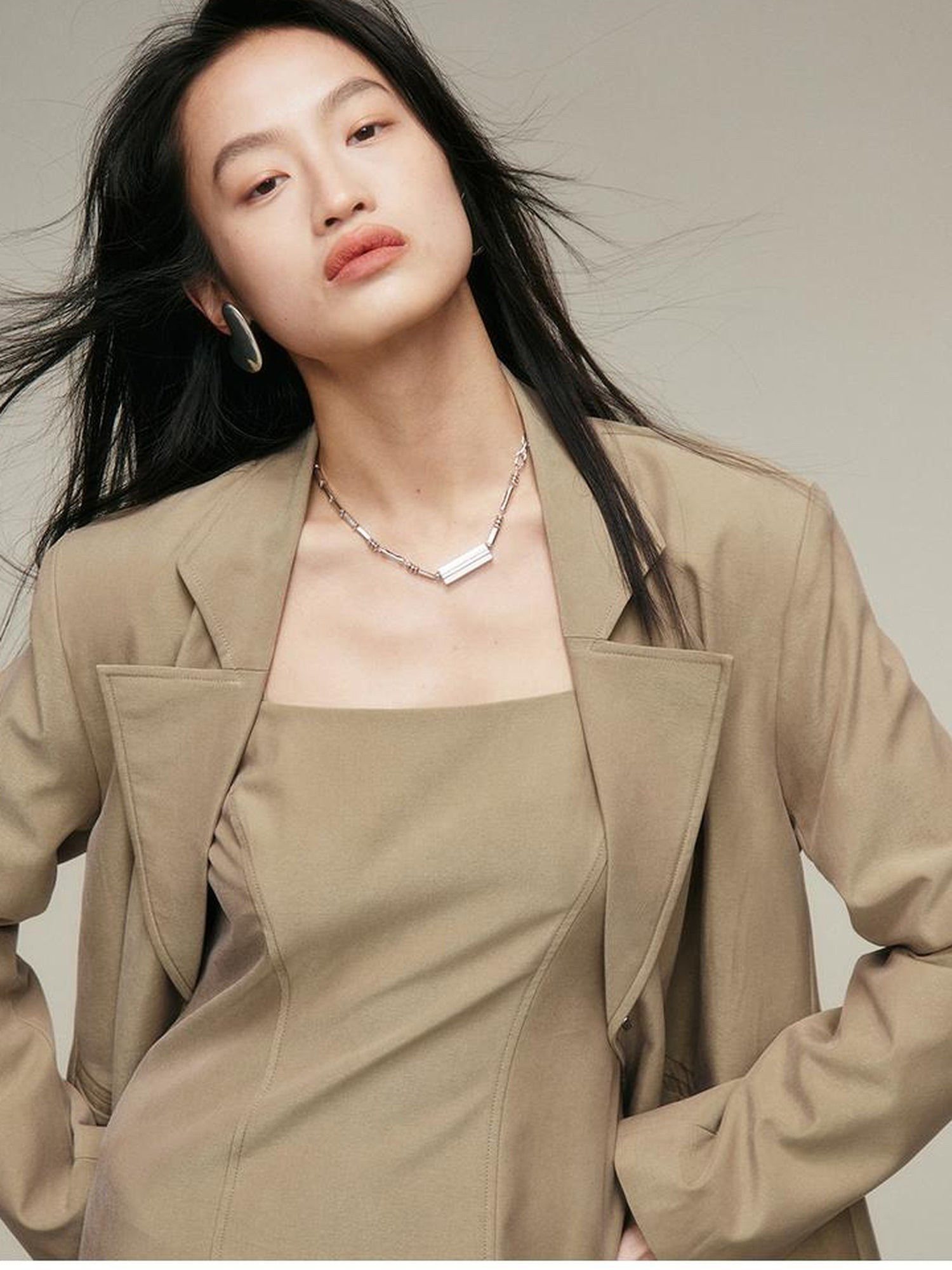 FUSSED Nude Brown Brushed Lycotton Wide Shoulder Blazer