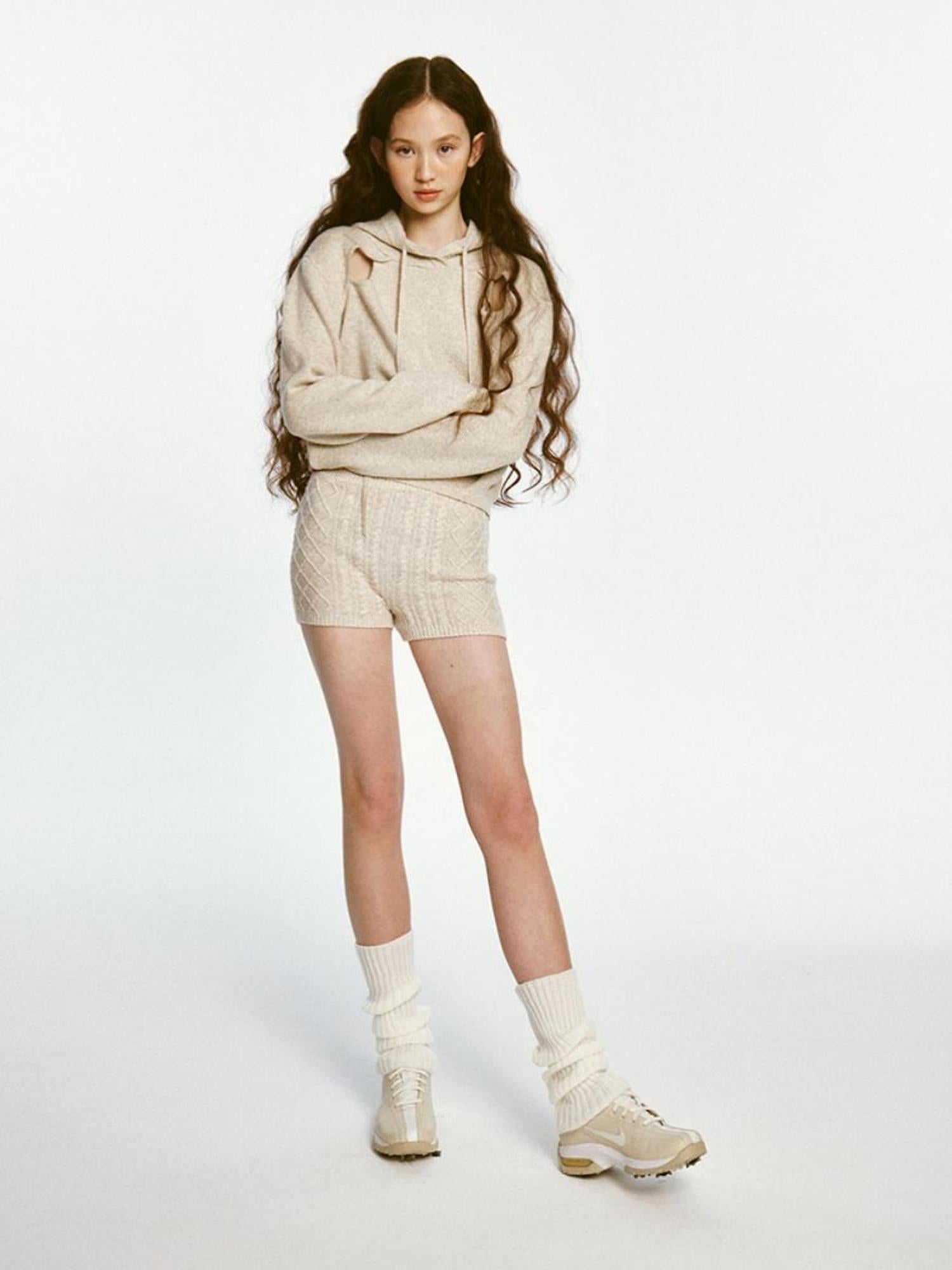 FUSSED Oatmeal Lamb Wool Sporty Hoodie And Shorts Set