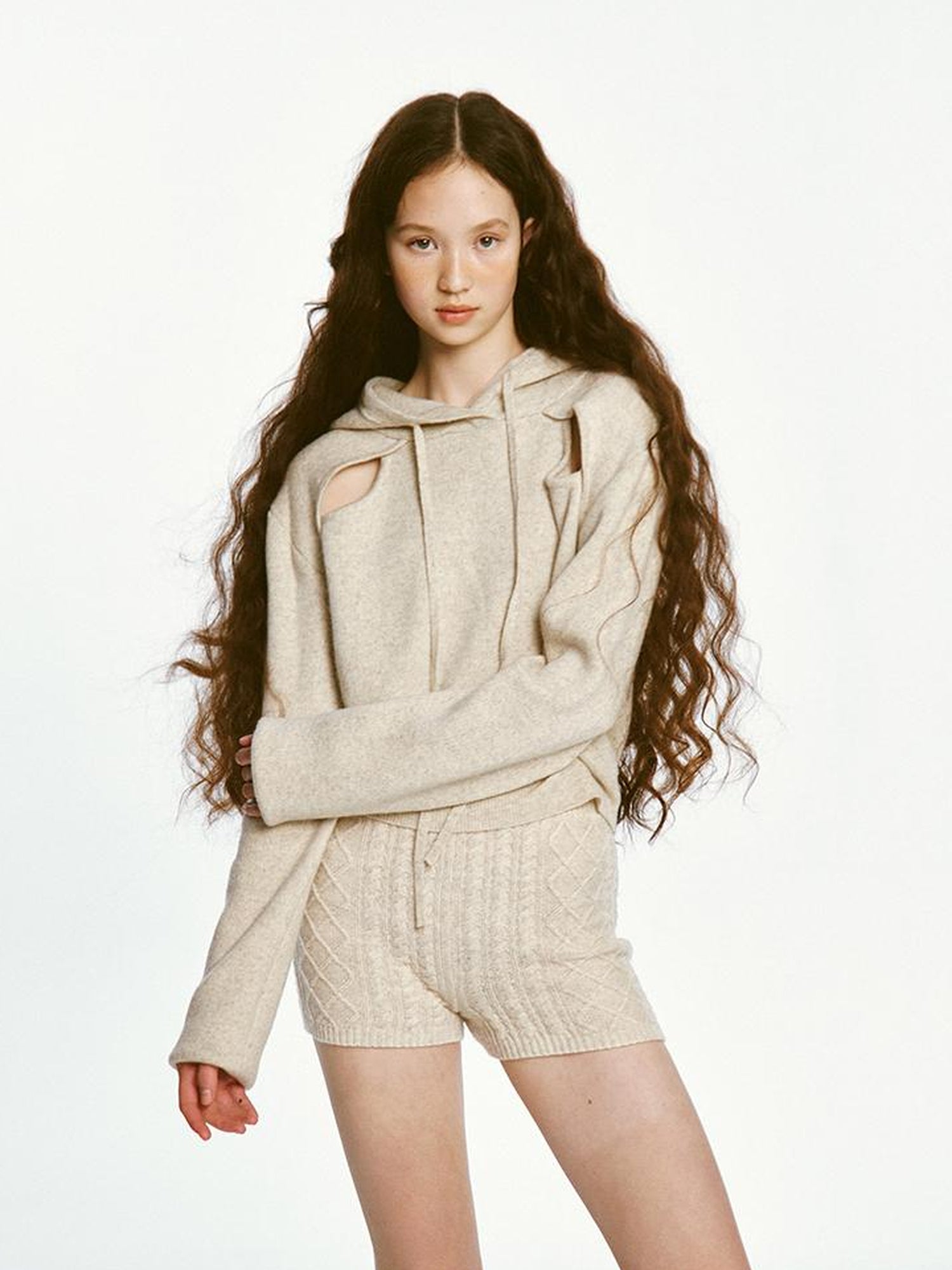 FUSSED Oatmeal Lamb Wool Sporty Hoodie And Shorts Set