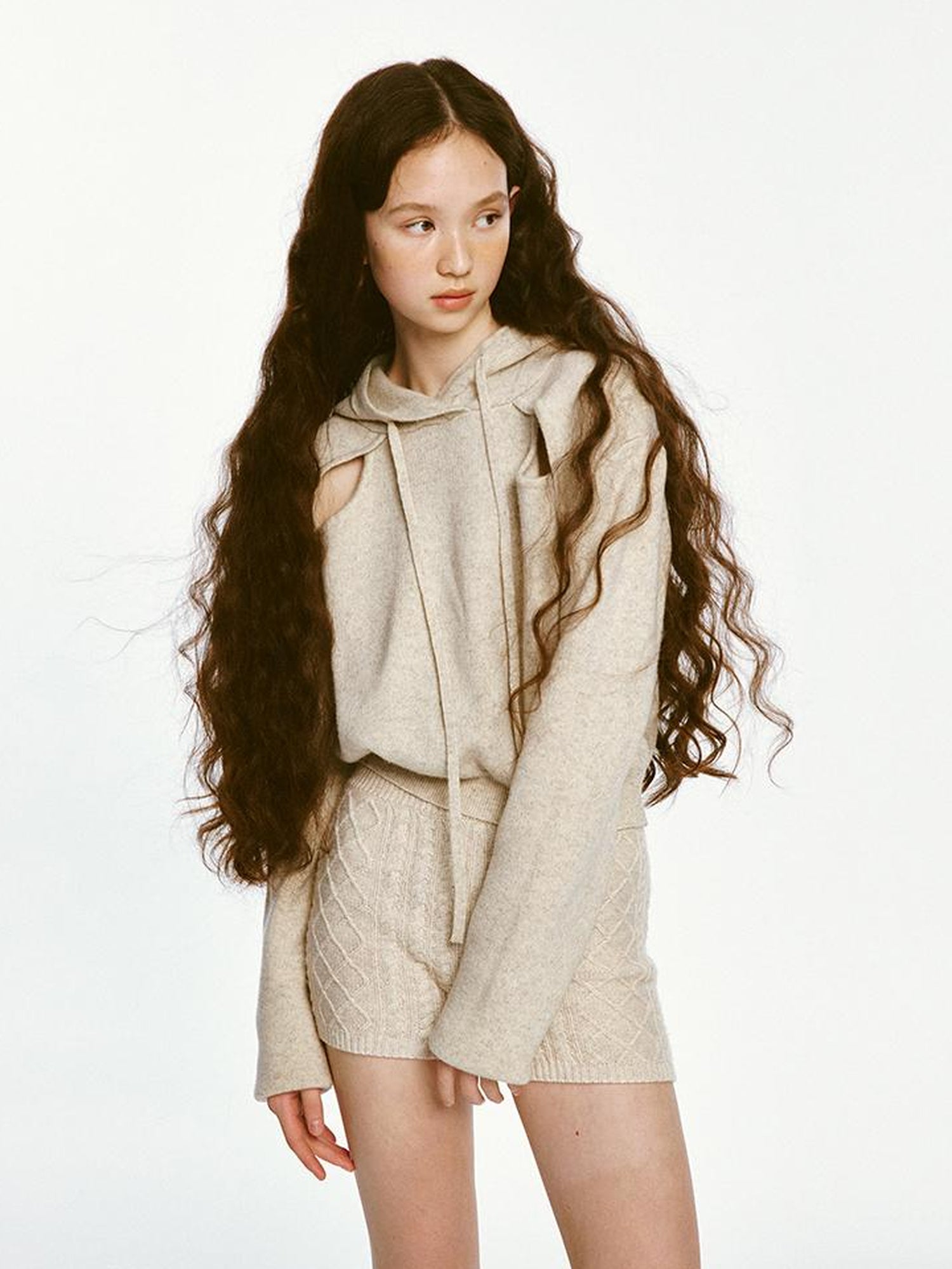 FUSSED Oatmeal Lamb Wool Sporty Hoodie And Shorts Set