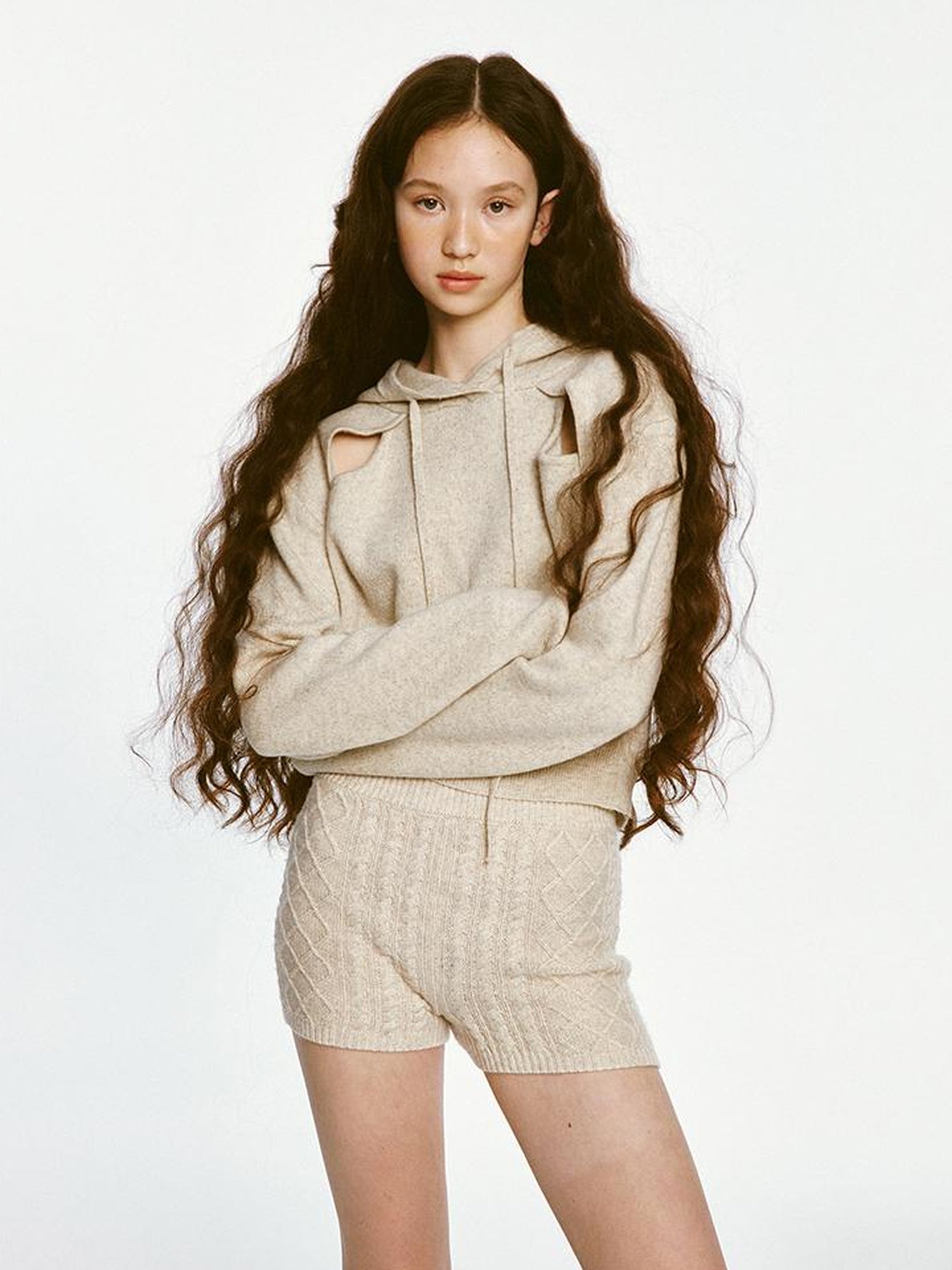 FUSSED Oatmeal Lamb Wool Sporty Hoodie And Shorts Set