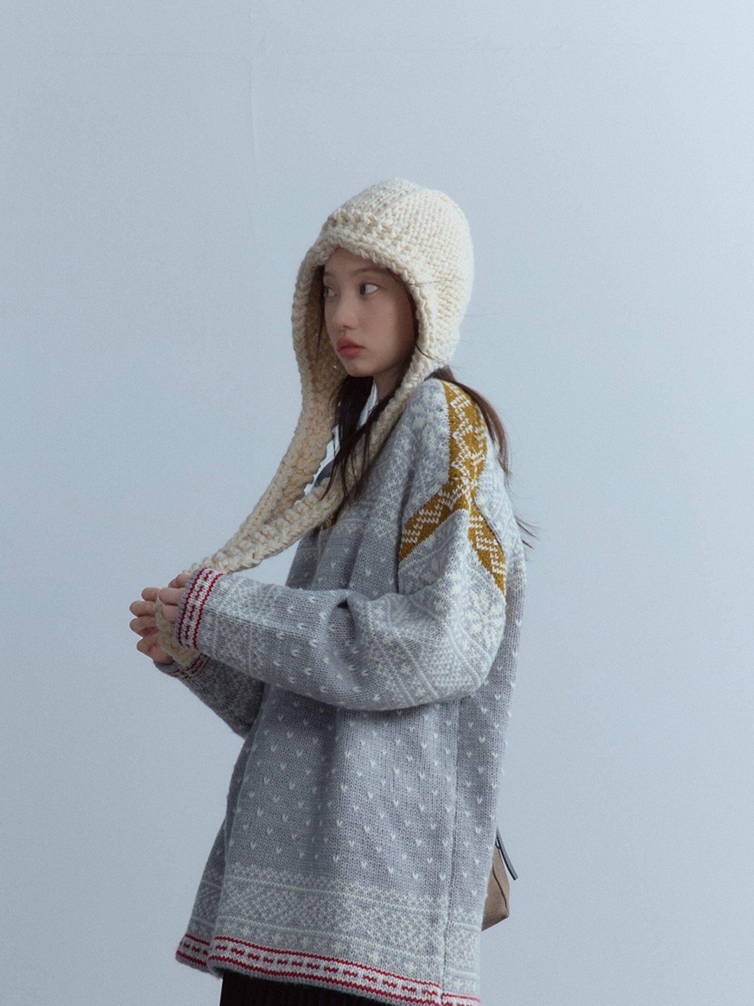 FUSSED Oatmeal Nordic Chunky Rib Knit Ear Cover Women&