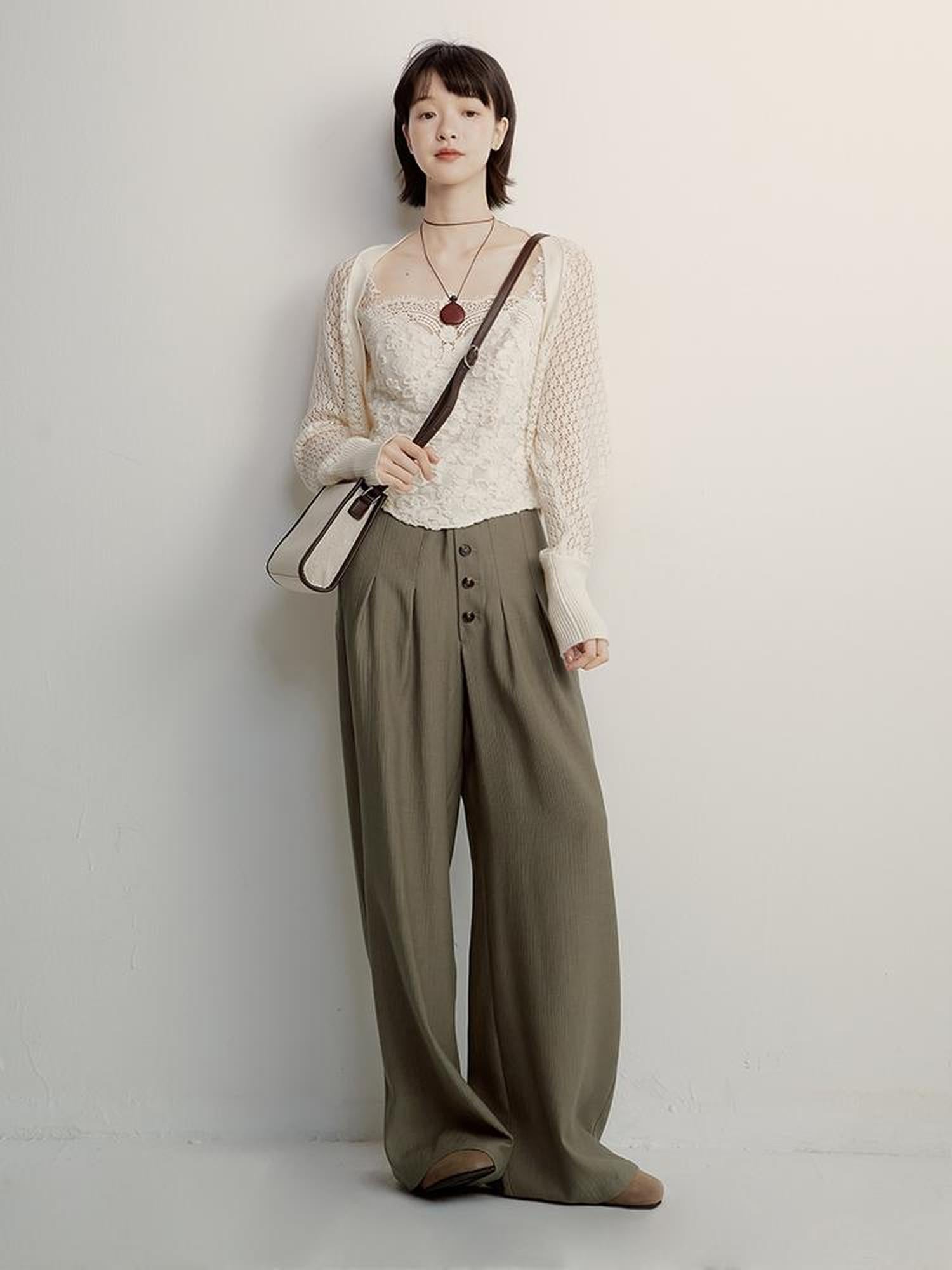 FUSSED Olive Grey Green Wool Blend Paper Texture Wide Leg Trousers