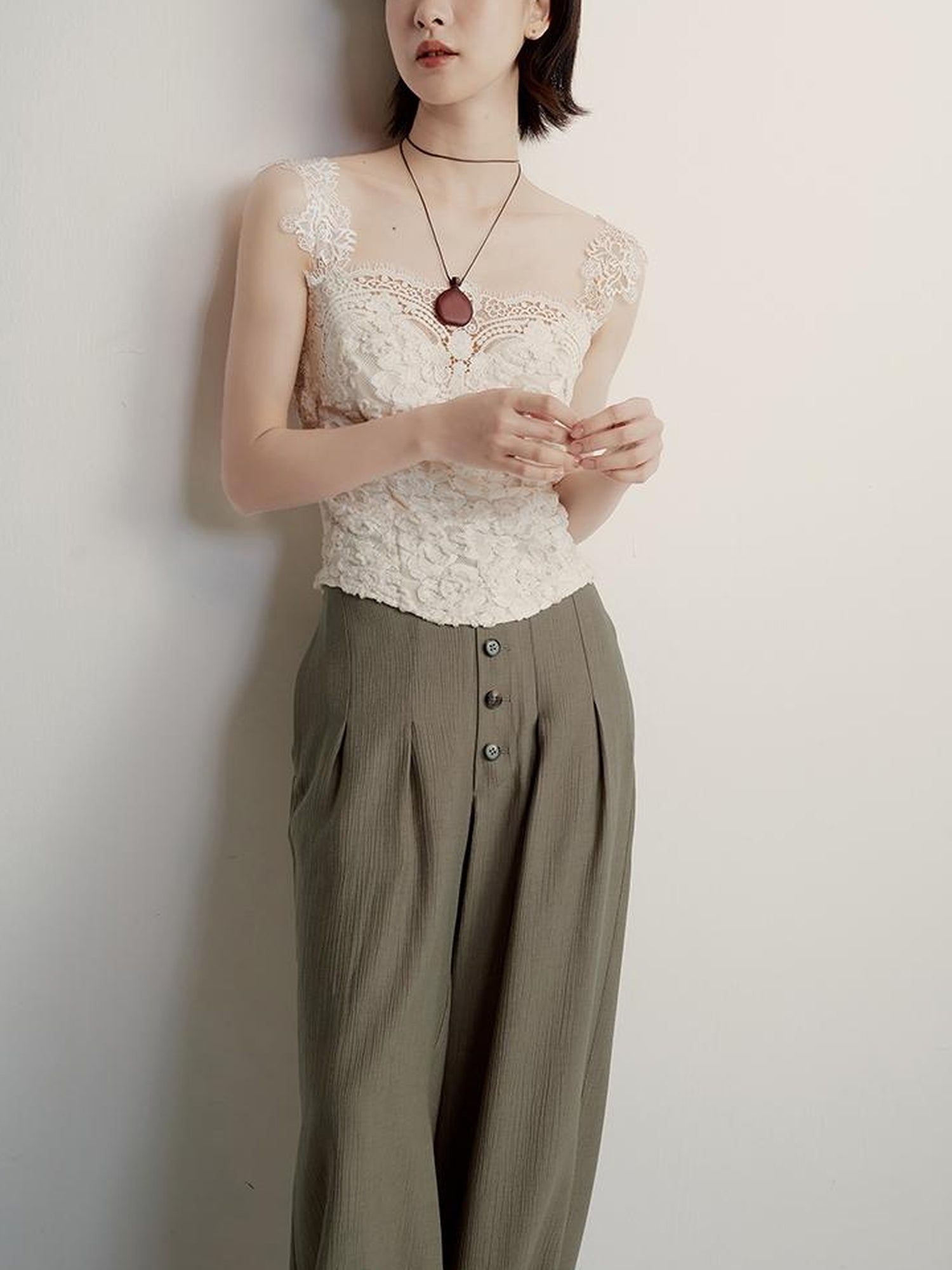 FUSSED Olive Grey Green Wool Blend Paper Texture Wide Leg Trousers
