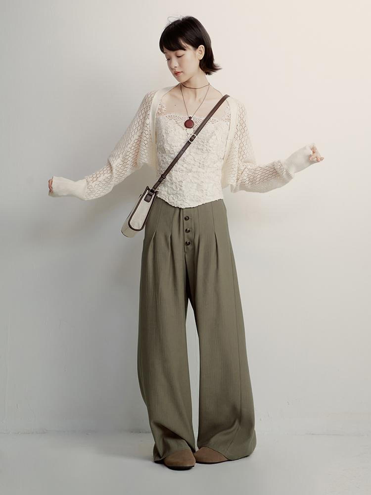 FUSSED Olive Grey Green Wool Blend Paper Texture Wide Leg Trousers
