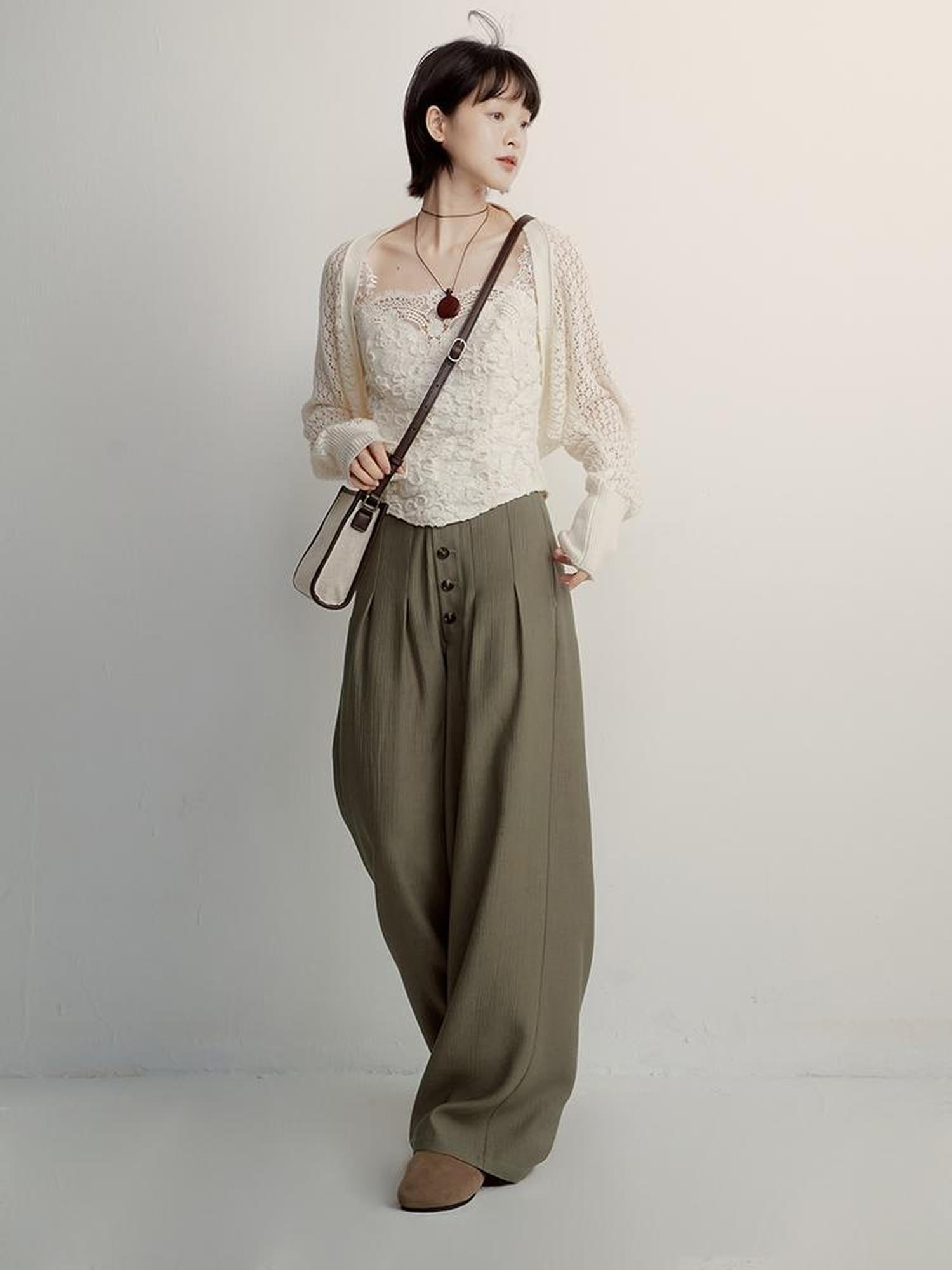 FUSSED Olive Grey Green Wool Blend Paper Texture Wide Leg Trousers