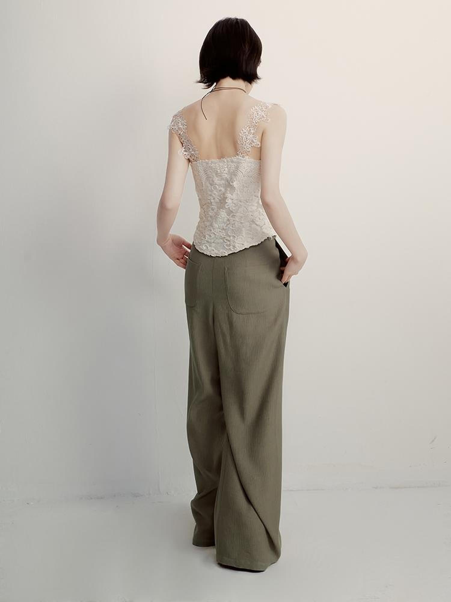 FUSSED Olive Grey Green Wool Blend Paper Texture Wide Leg Trousers