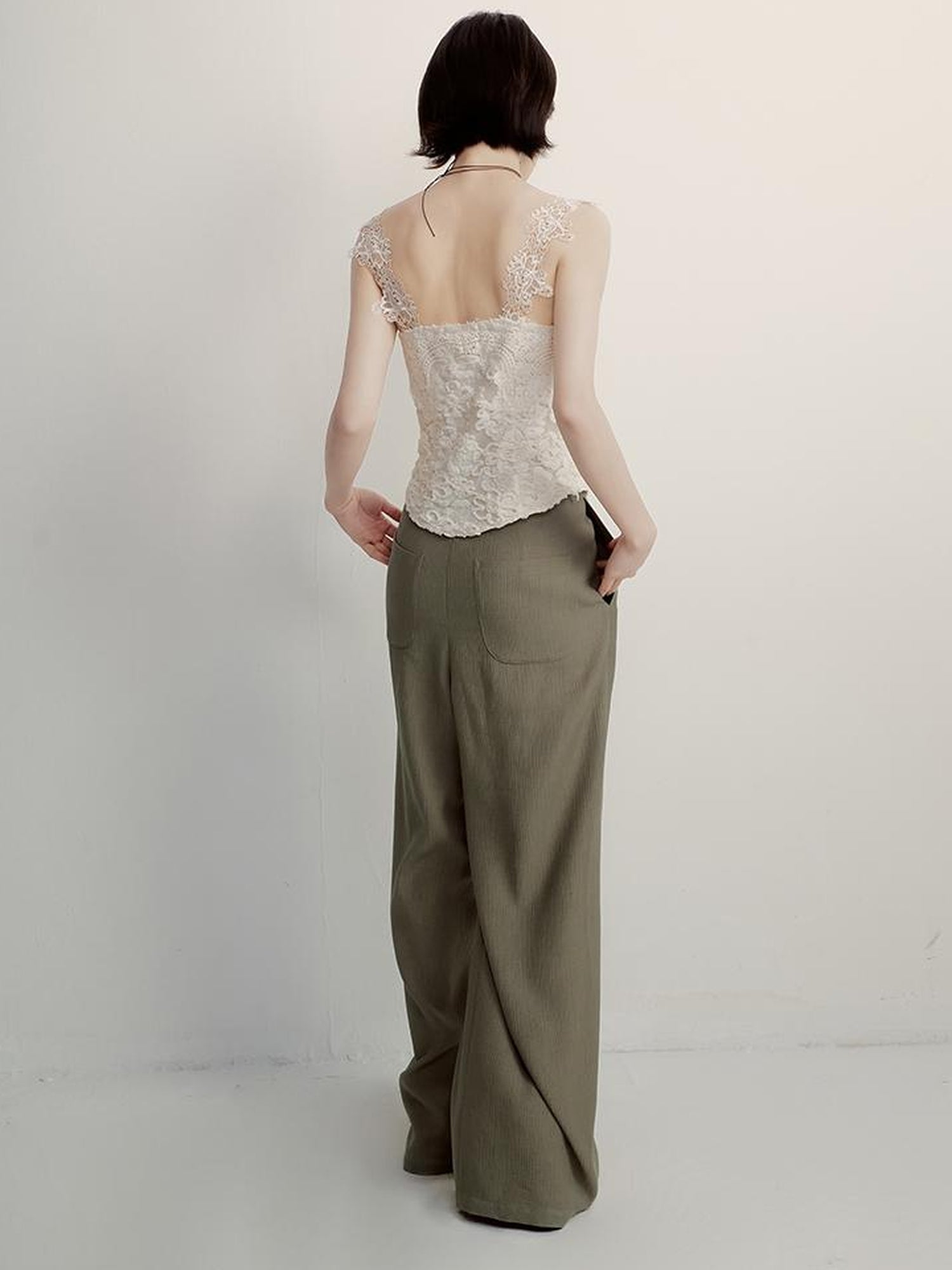 FUSSED Olive Grey Green Wool Blend Paper Texture Wide Leg Trousers