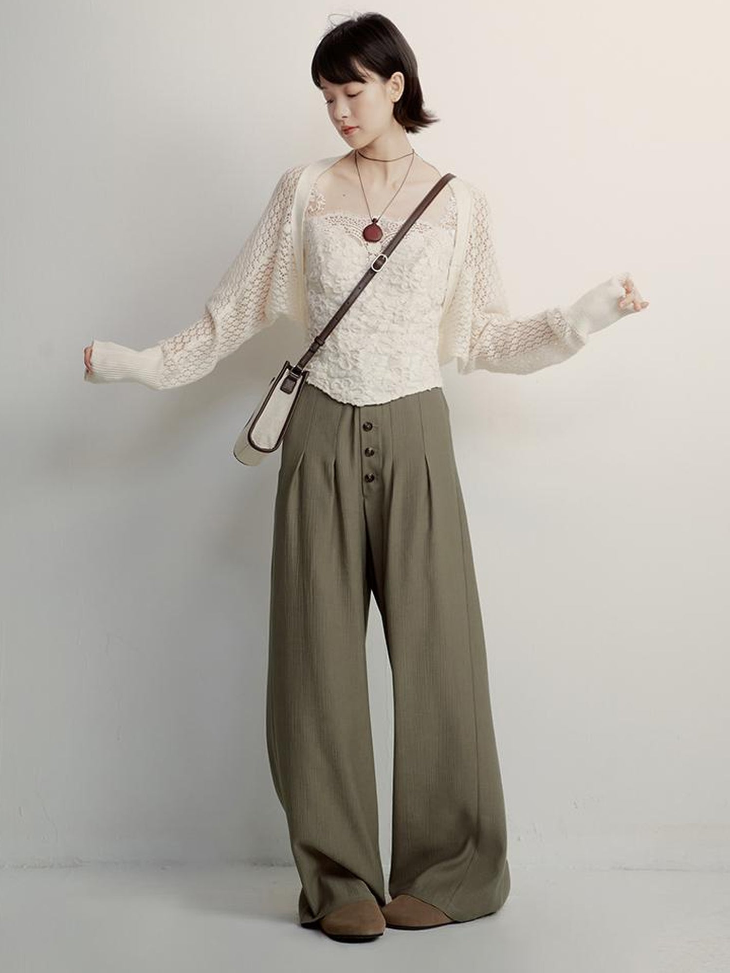FUSSED Olive Grey Green Wool Blend Paper Texture Wide Leg Trousers