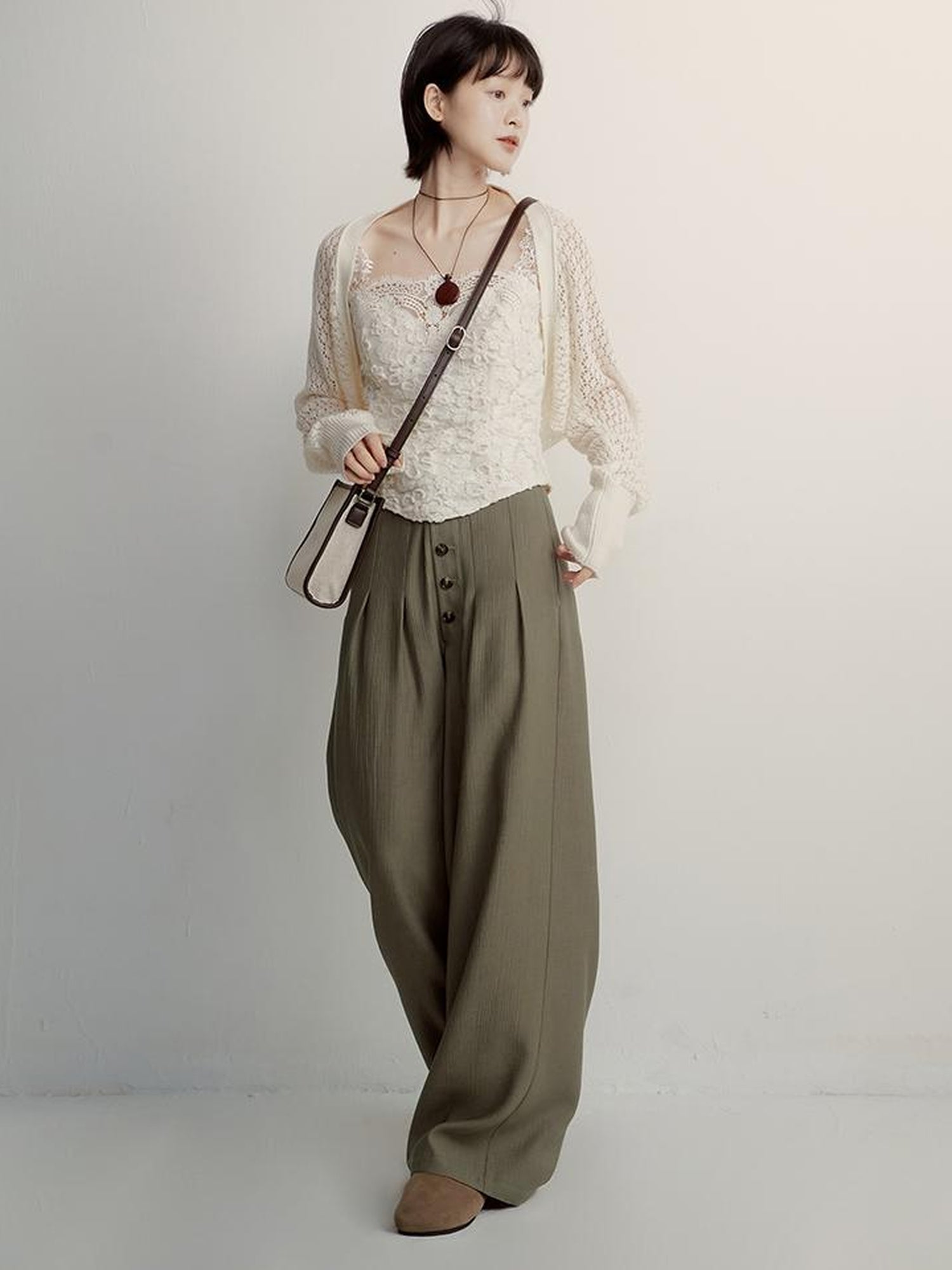 FUSSED Olive Grey Green Wool Blend Paper Texture Wide Leg Trousers