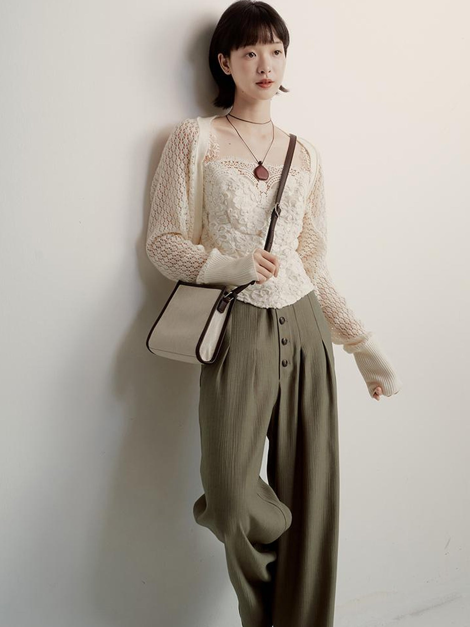 FUSSED Olive Grey Green Wool Blend Paper Texture Wide Leg Trousers