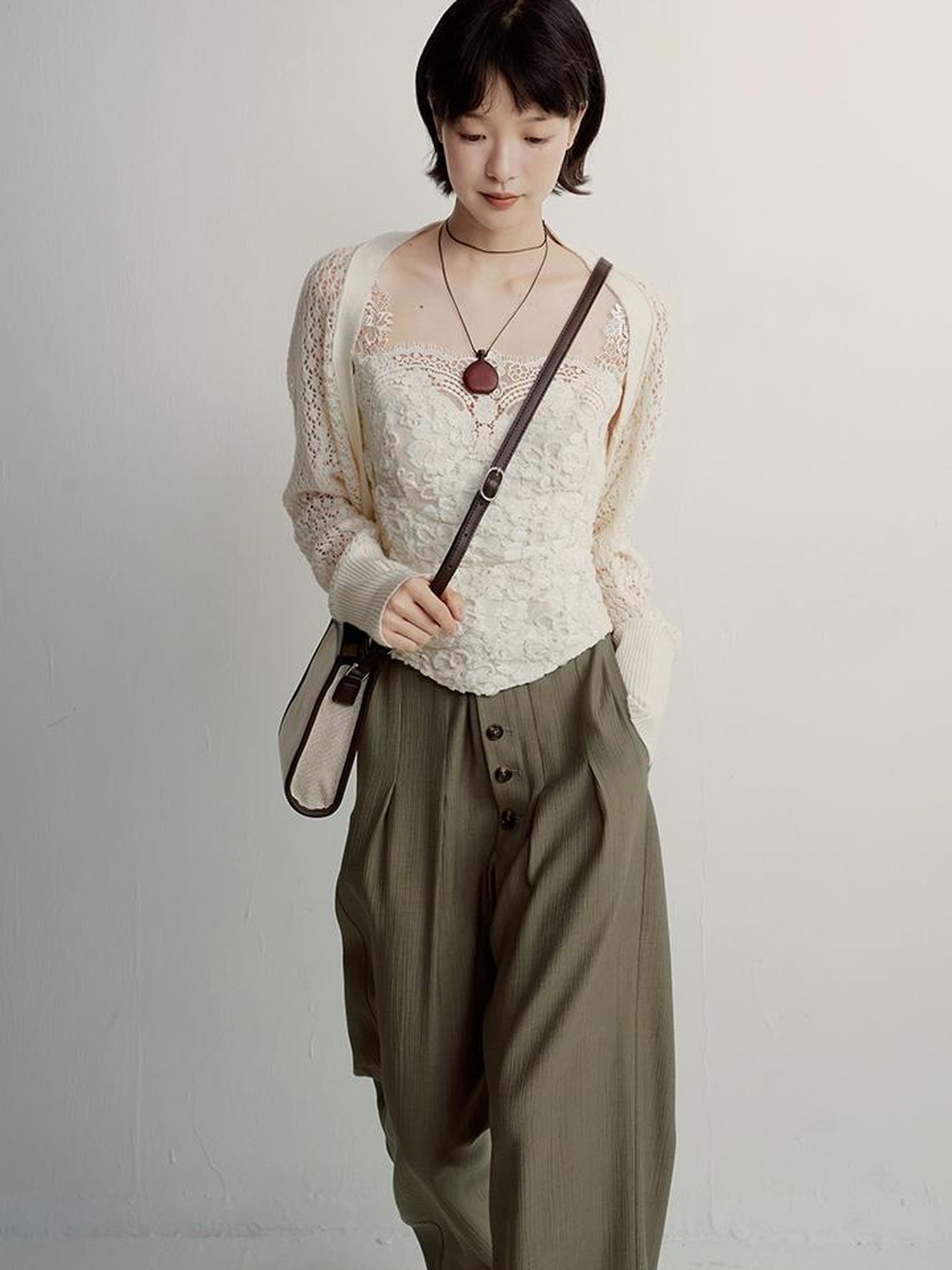 FUSSED Olive Grey Green Wool Blend Paper Texture Wide Leg Trousers