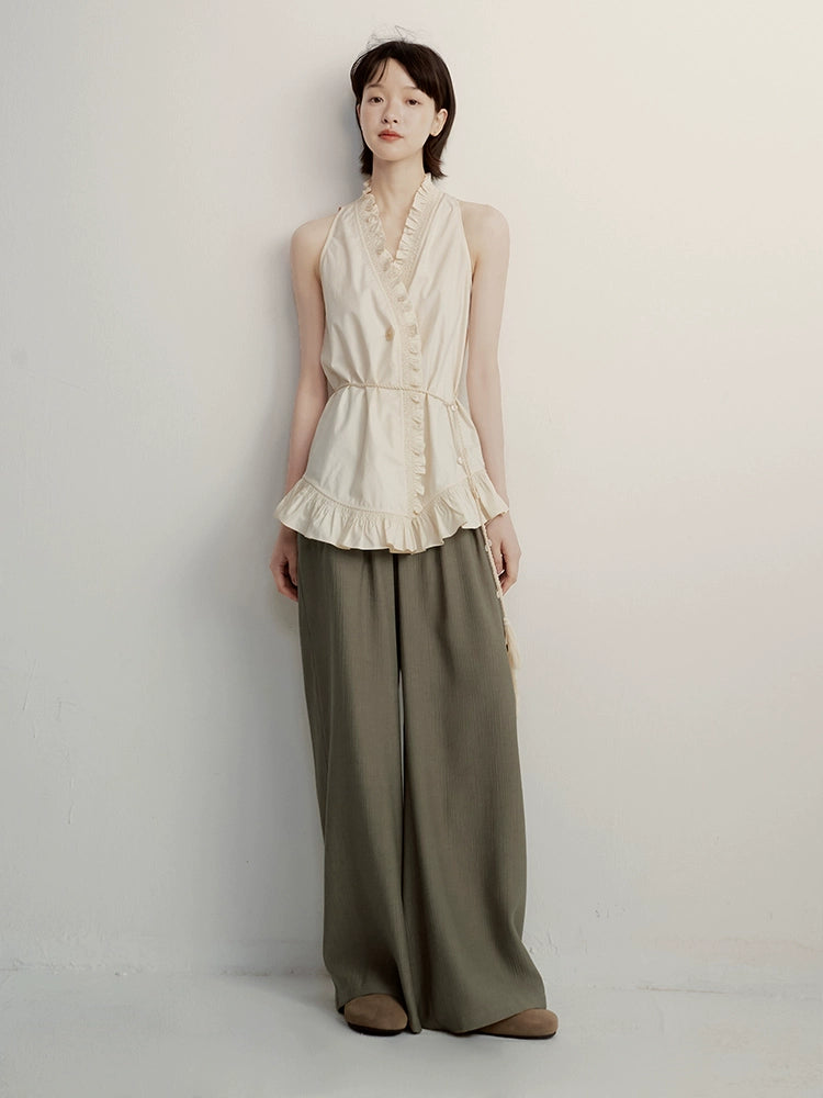 FUSSED_Olive_Grey_Green_Wool_Blend_Paper_Texture_Wide_Leg_Trousers_MISSTT