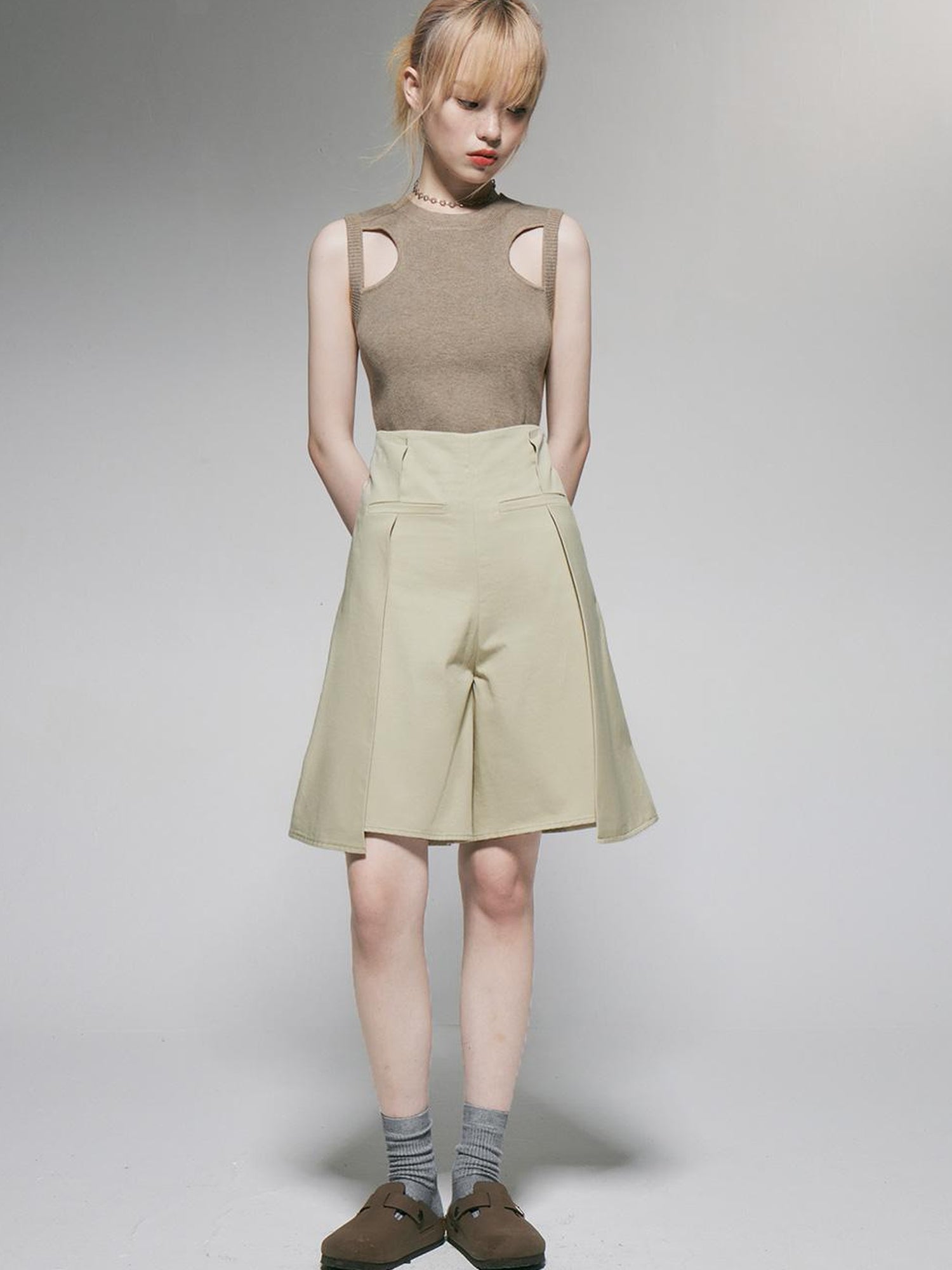 FUSSED Organic Cotton Khaki Folded Hem Wide Leg Shorts