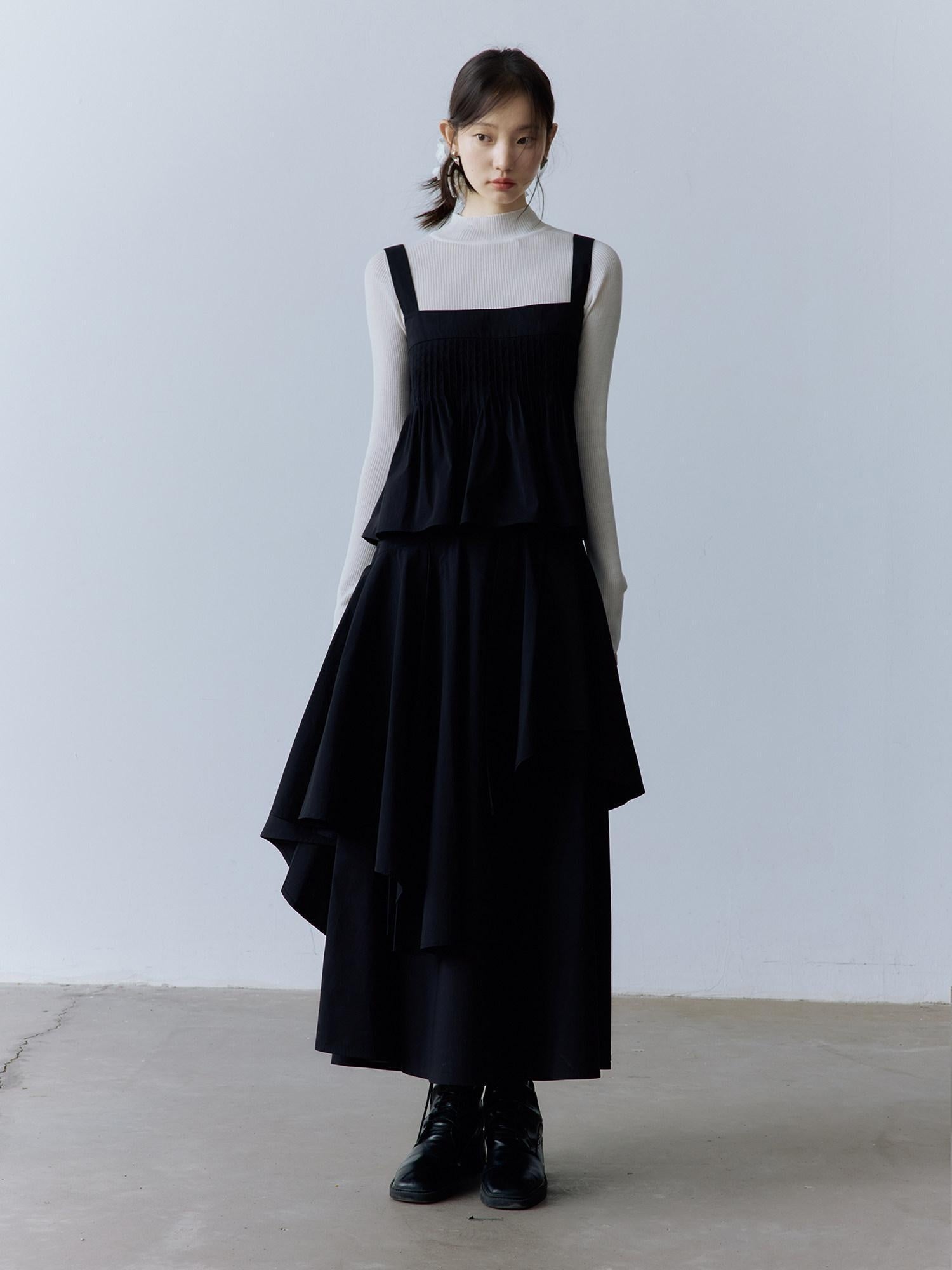 FUSSED Original Square Neck Loose Fit Cotton Cami Women Casual Black Midi Dresses