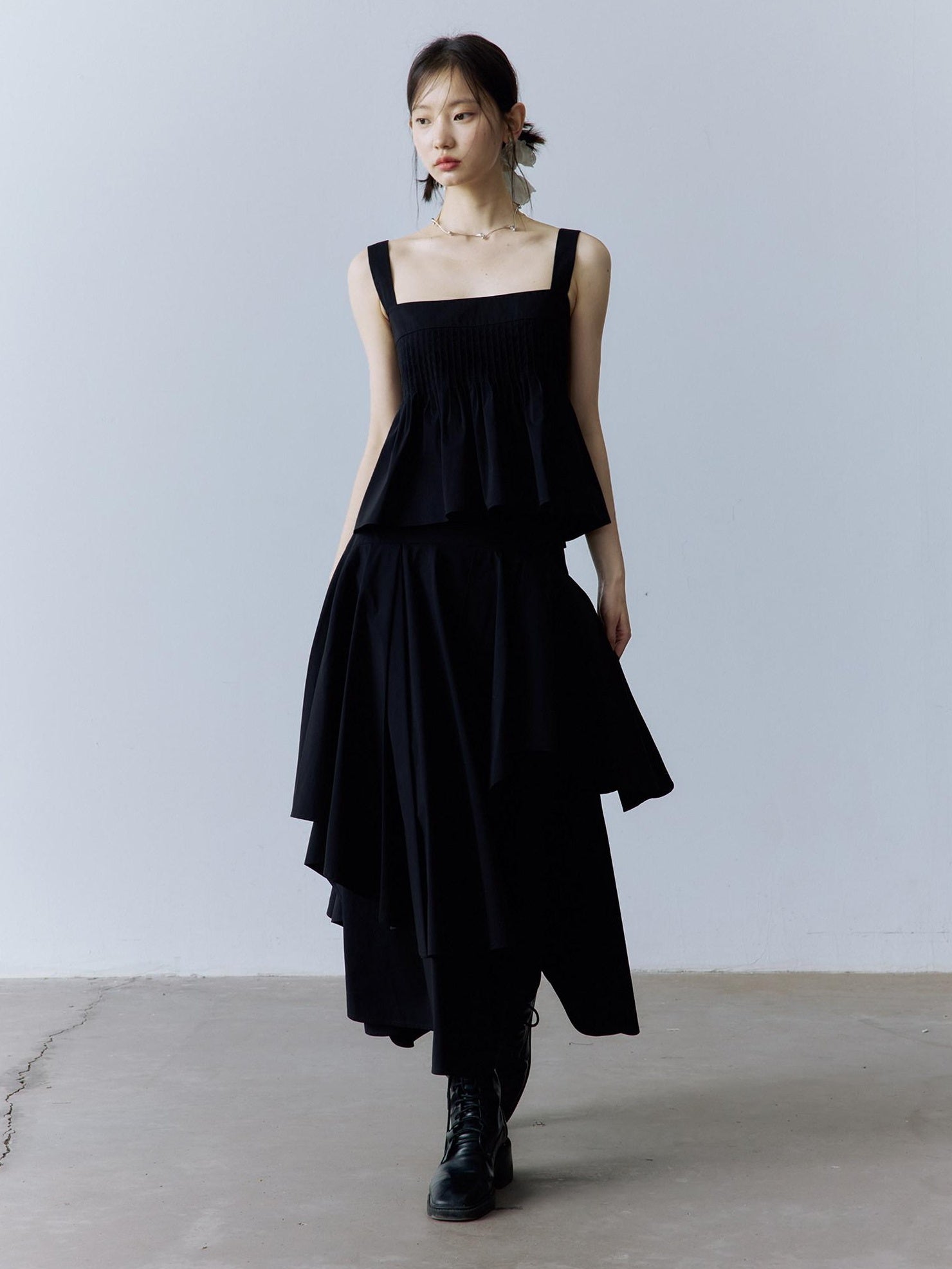 FUSSED Original Square Neck Loose Fit Cotton Cami Women Casual Black Midi Dresses