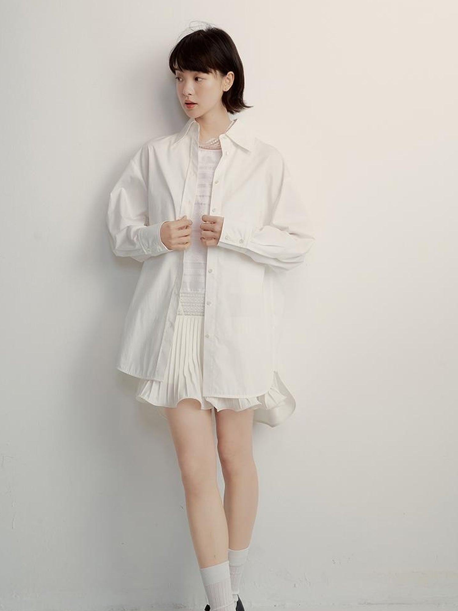 FUSSED Oversized Fog White Cotton Boyfriend Shirt Breathable Sun Protection