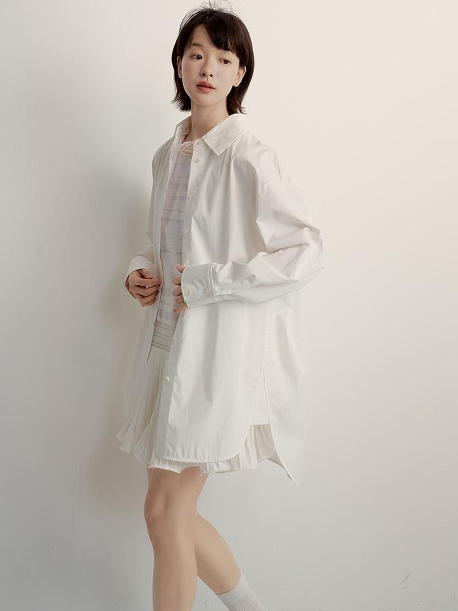 FUSSED Oversized Fog White Cotton Boyfriend Shirt Breathable Sun Protection