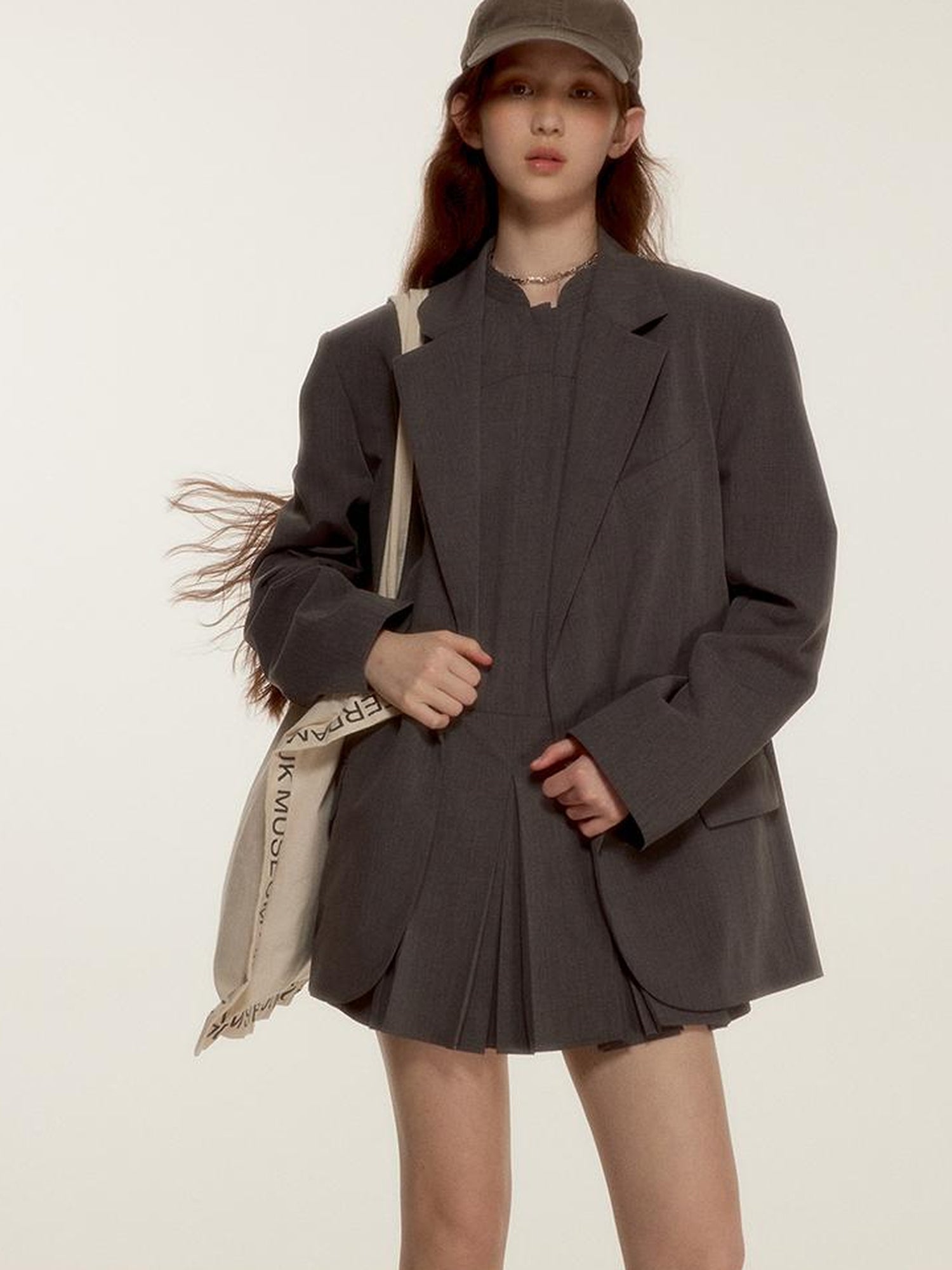 FUSSED Oversized Grey Tailored Blazer with Wide Shoulder and Pocket Design