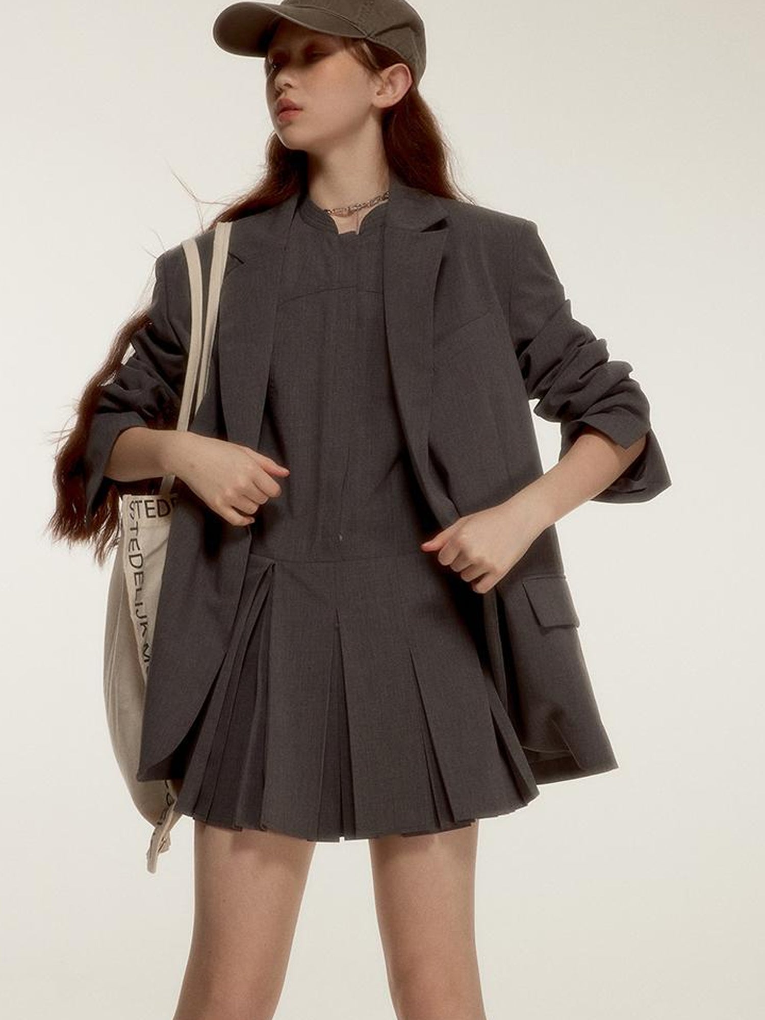 FUSSED Oversized Grey Tailored Blazer with Wide Shoulder and Pocket Design