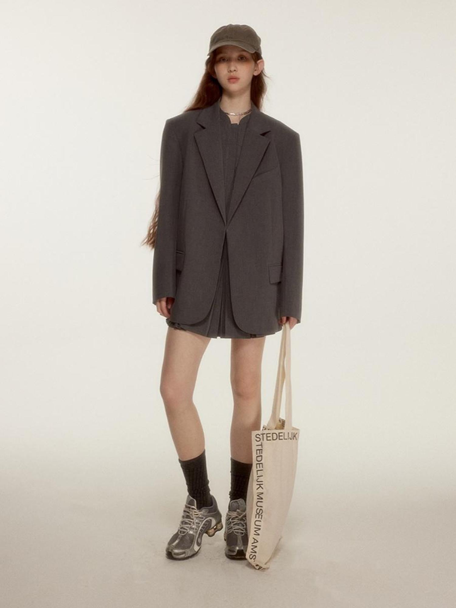 FUSSED Oversized Grey Tailored Blazer with Wide Shoulder and Pocket Design