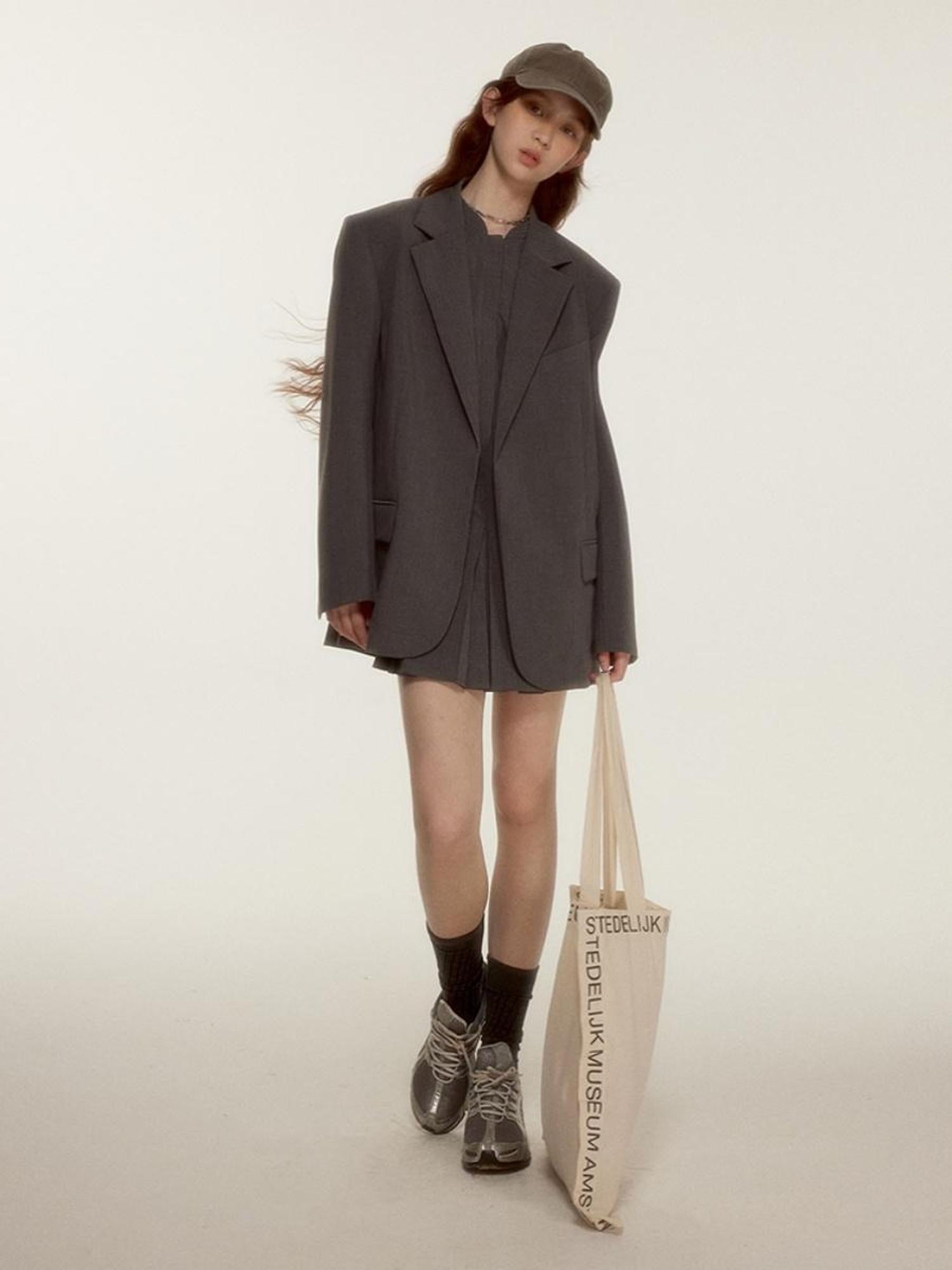 FUSSED Oversized Grey Tailored Blazer with Wide Shoulder and Pocket Design