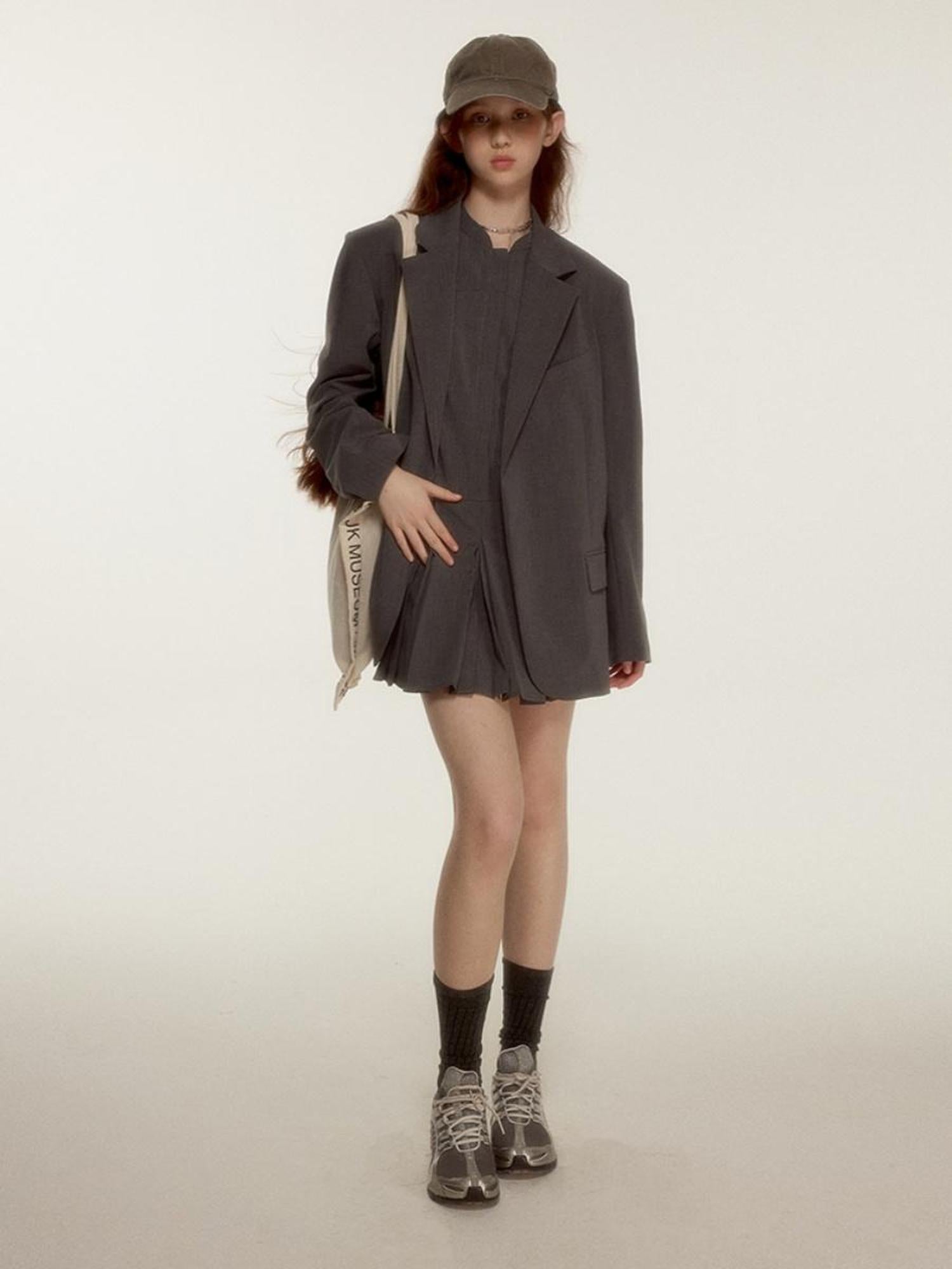 FUSSED Oversized Grey Tailored Blazer with Wide Shoulder and Pocket Design