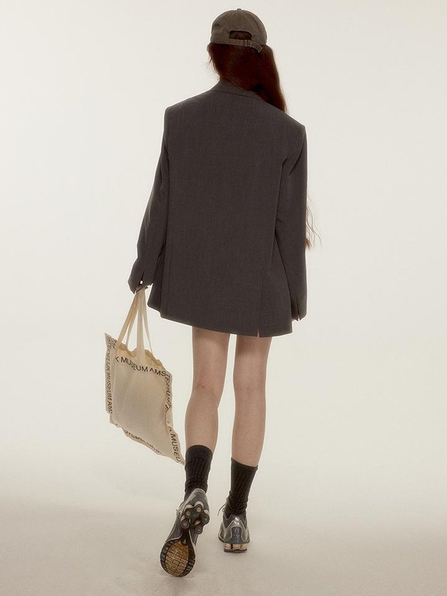 FUSSED Oversized Grey Tailored Blazer with Wide Shoulder and Pocket Design