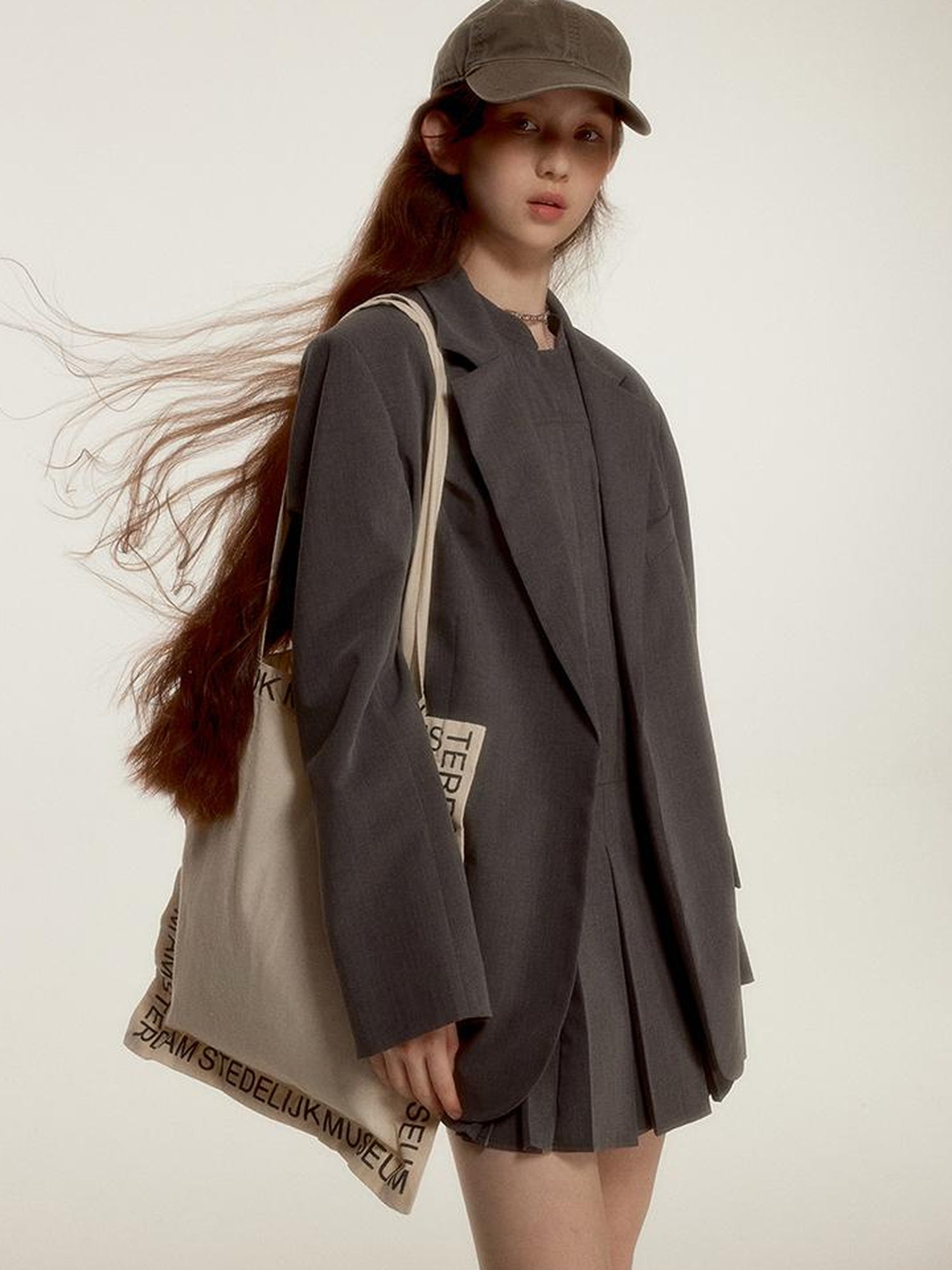 FUSSED Oversized Grey Tailored Blazer with Wide Shoulder and Pocket Design