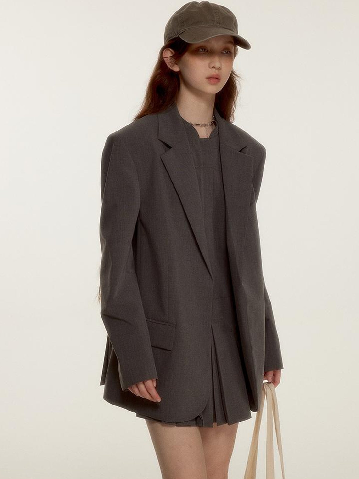 FUSSED Oversized Grey Tailored Blazer with Wide Shoulder and Pocket Design